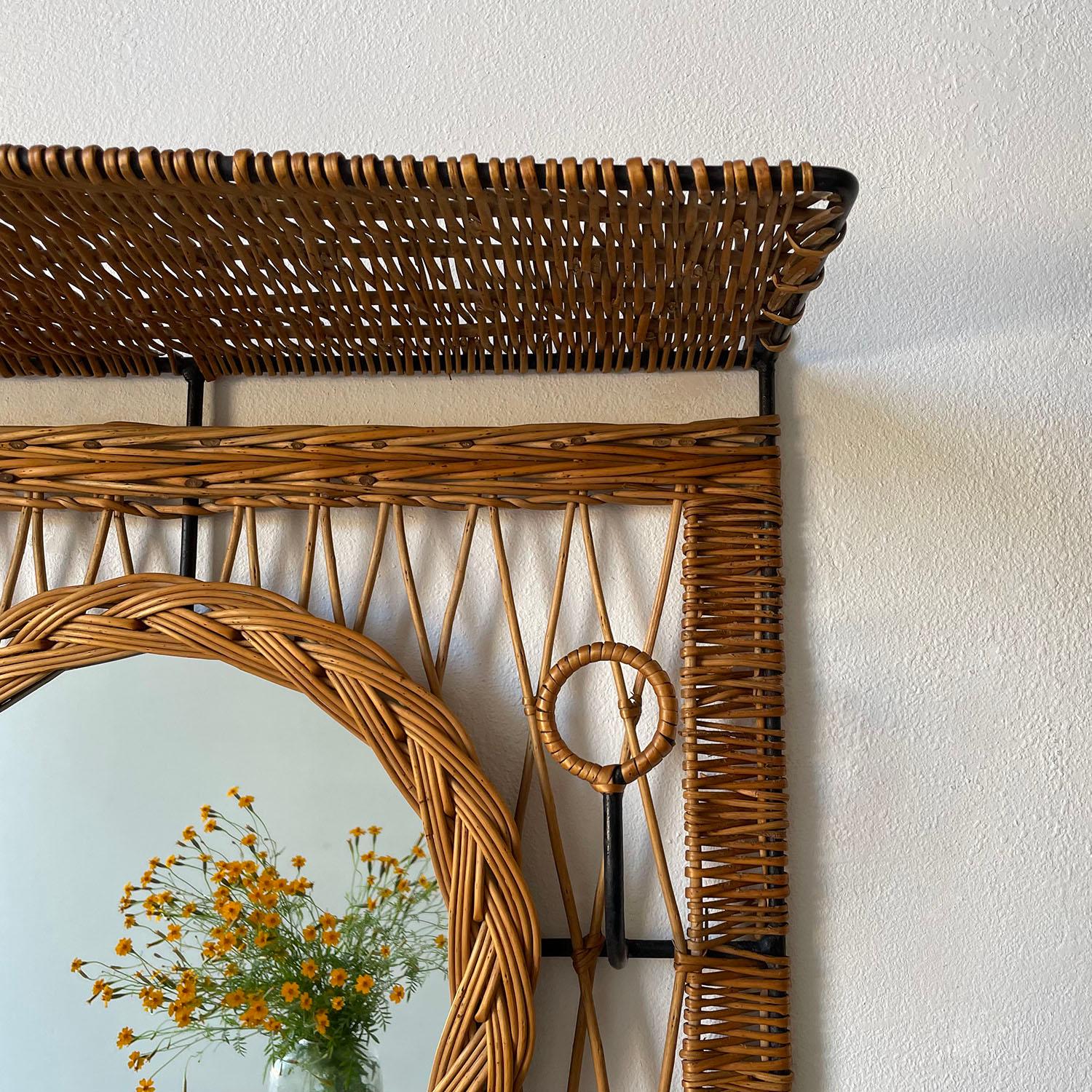 Jacques Adnet Style Wicker and Iron Mirrored Coat Rack For Sale 4
