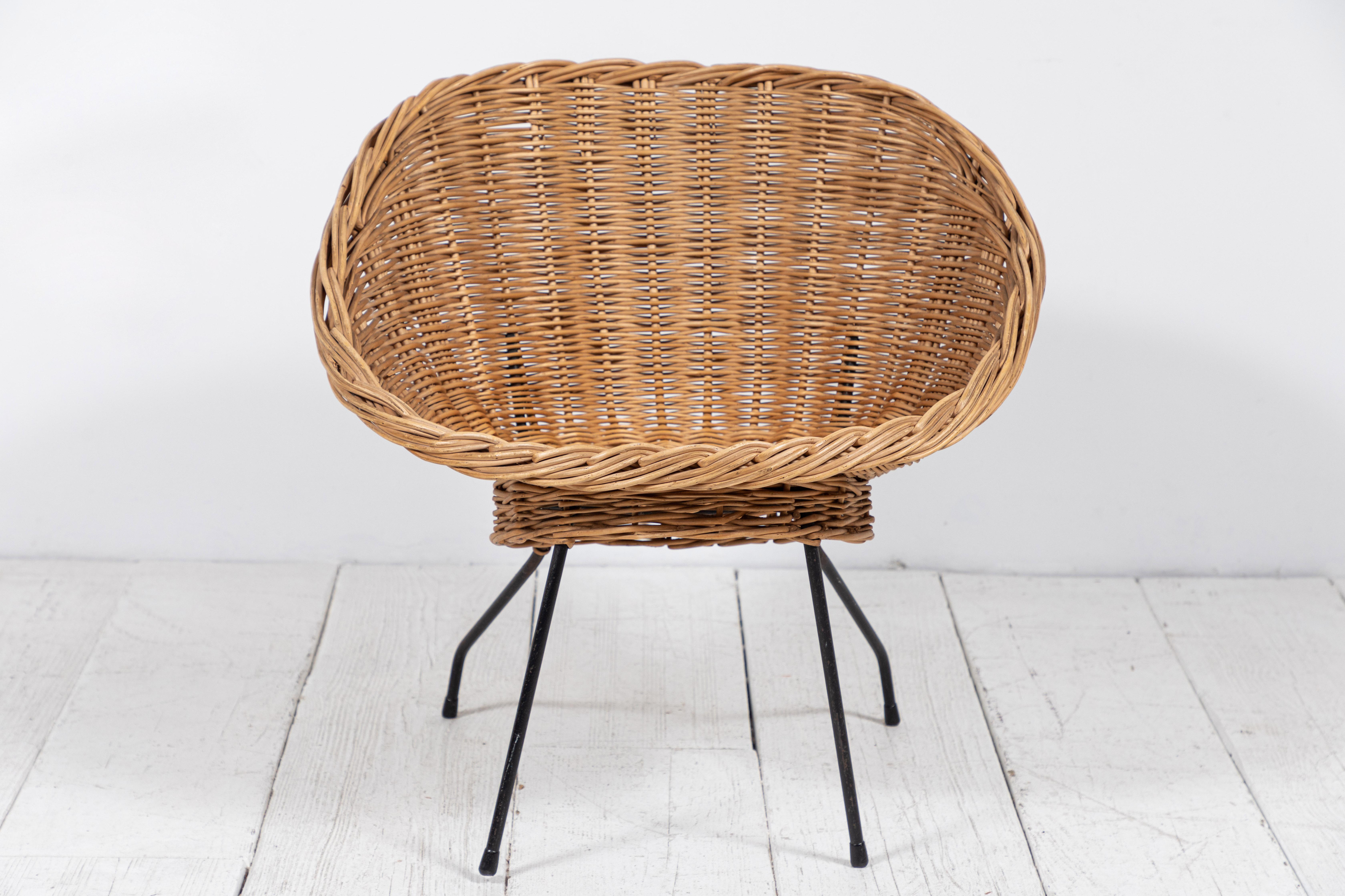 French woven basket weave chairs in the style of Jacques Adnet. Four chairs available.
