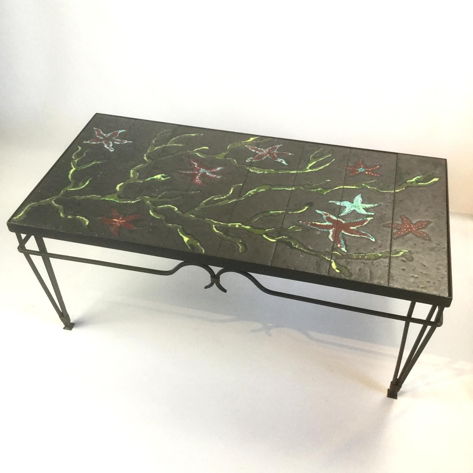 Wrought Iron and Lava Enamel Coffee Table Attributed to Jacques Adnet, 1940s 3