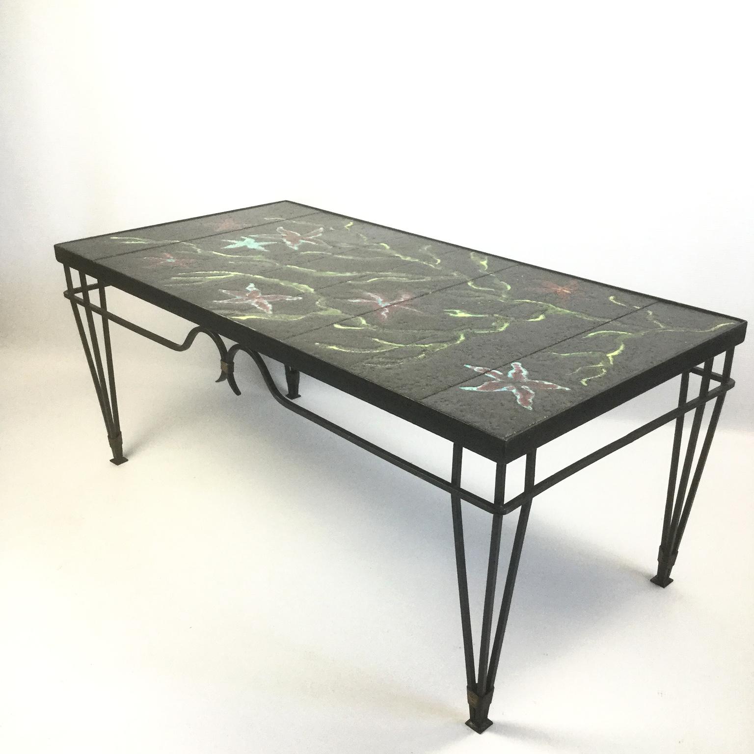 French Wrought Iron and Lava Enamel Coffee Table Attributed to Jacques Adnet, 1940s