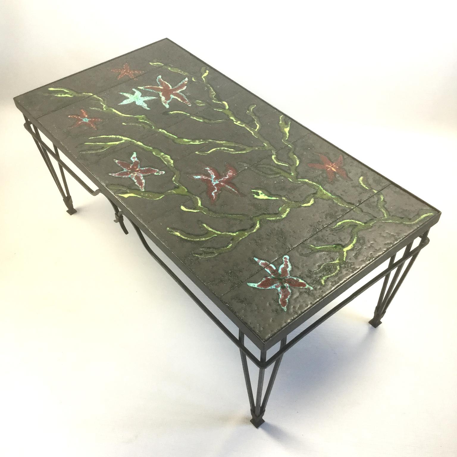 20th Century Wrought Iron and Lava Enamel Coffee Table Attributed to Jacques Adnet, 1940s