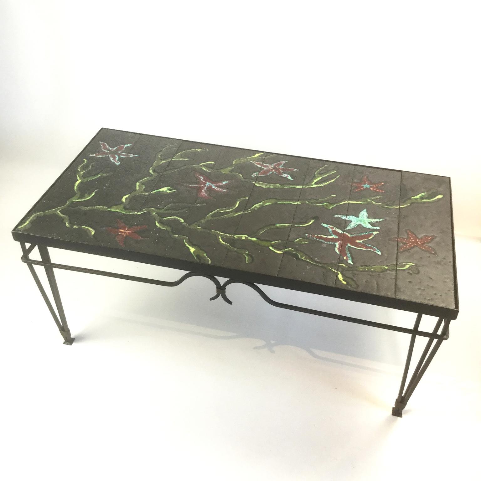 Wrought Iron and Lava Enamel Coffee Table Attributed to Jacques Adnet, 1940s 2