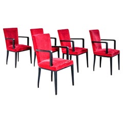 Jacques Adnet, Suite of Five Armchairs in Blackened Wood and Red Velvet, circa 1