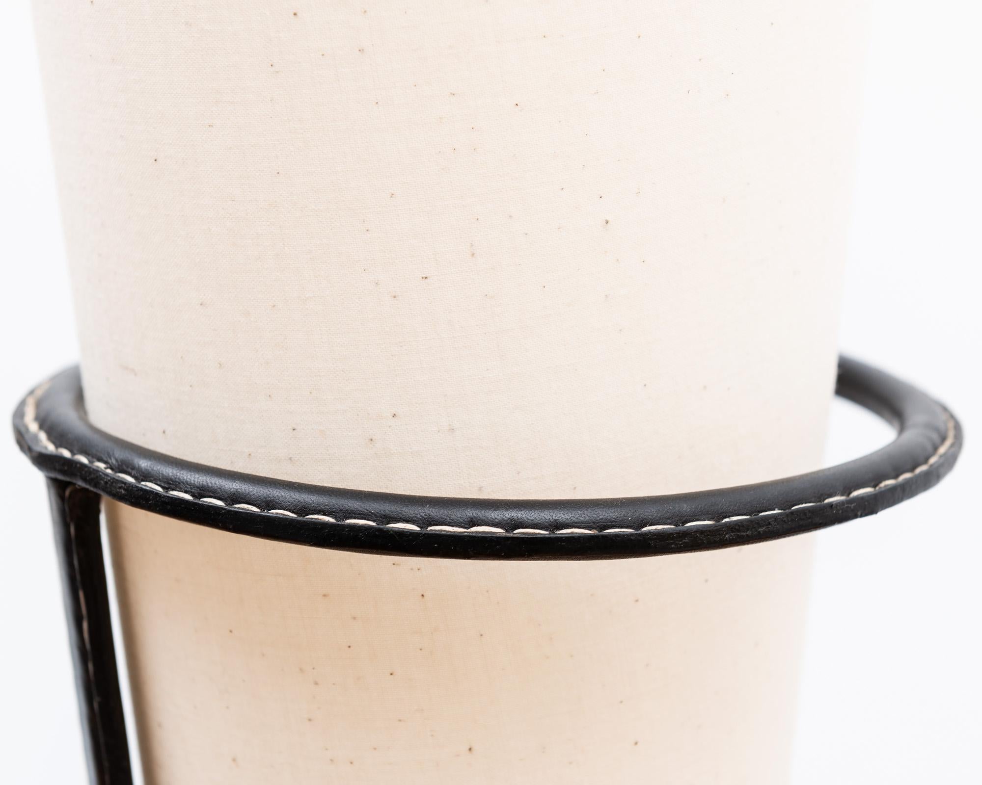 Mid-20th Century Jacques Adnet Table Lamp in Stitched Black Leather, France, 1950s