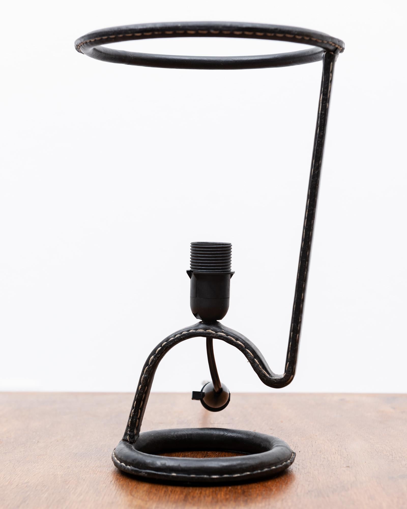 French Jacques Adnet Table Lamp in Stitched Black Leather, France, 1950s
