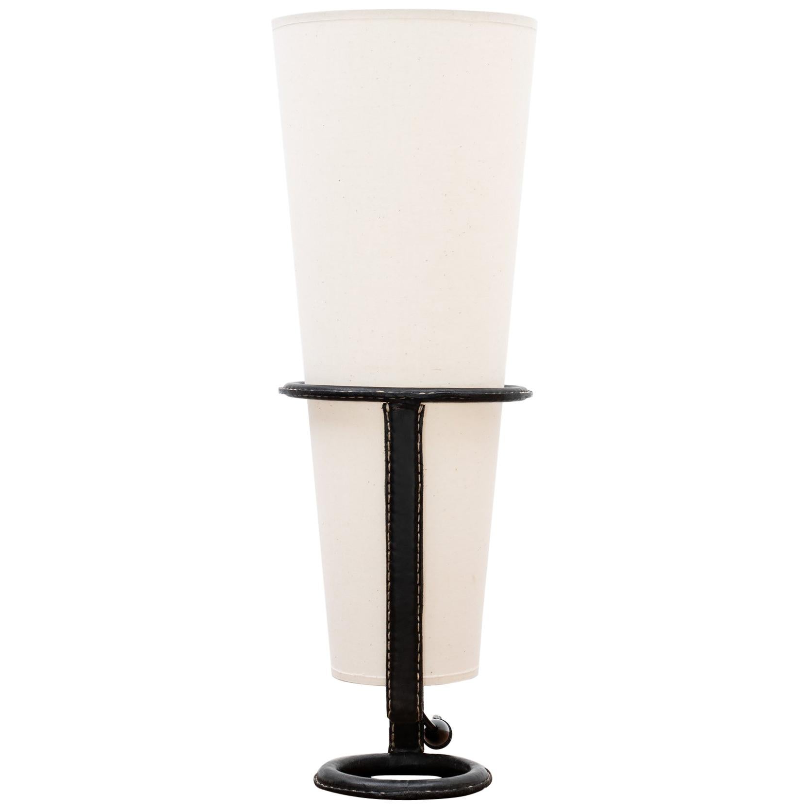 Jacques Adnet Table Lamp in Stitched Black Leather, France, 1950s
