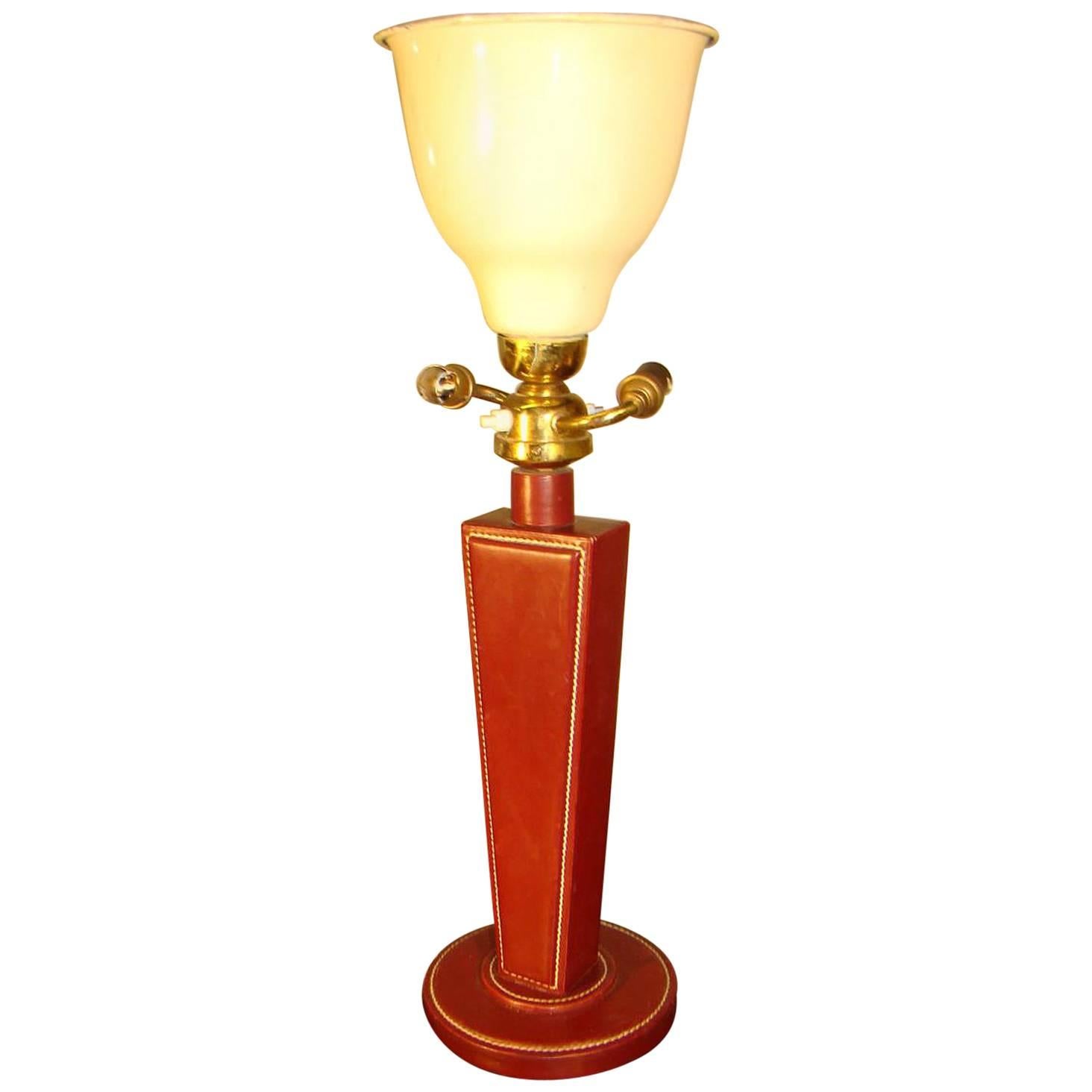 Jacques Adnet, Table Lamp Sheathed with Red Hermès Style Leather