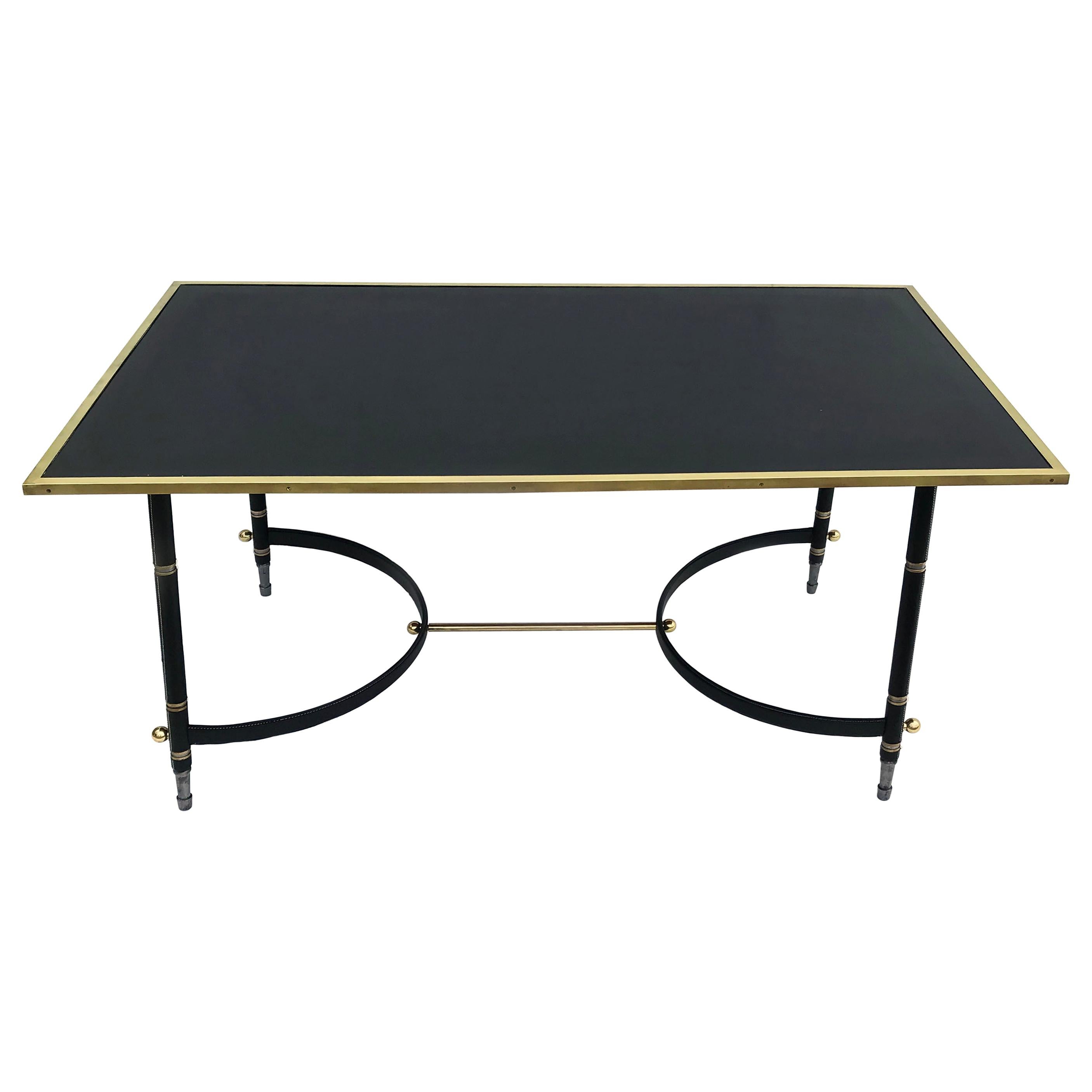 Jacques Adnet Art Deco  Brass, Steel & Leather Dining Table Or Desk France 1950 