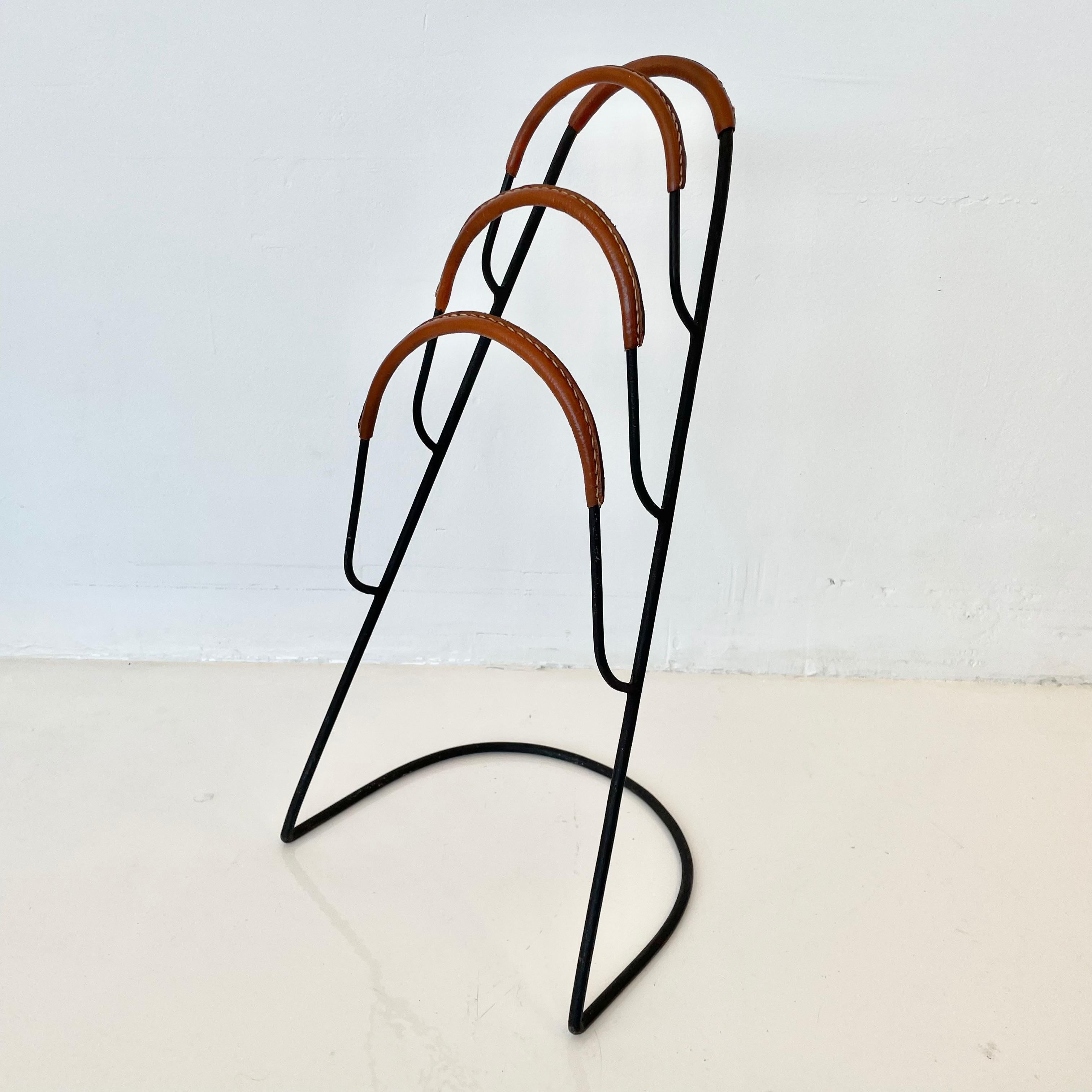 French Jacques Adnet Tiered Leather and Iron Magazine Rack For Sale