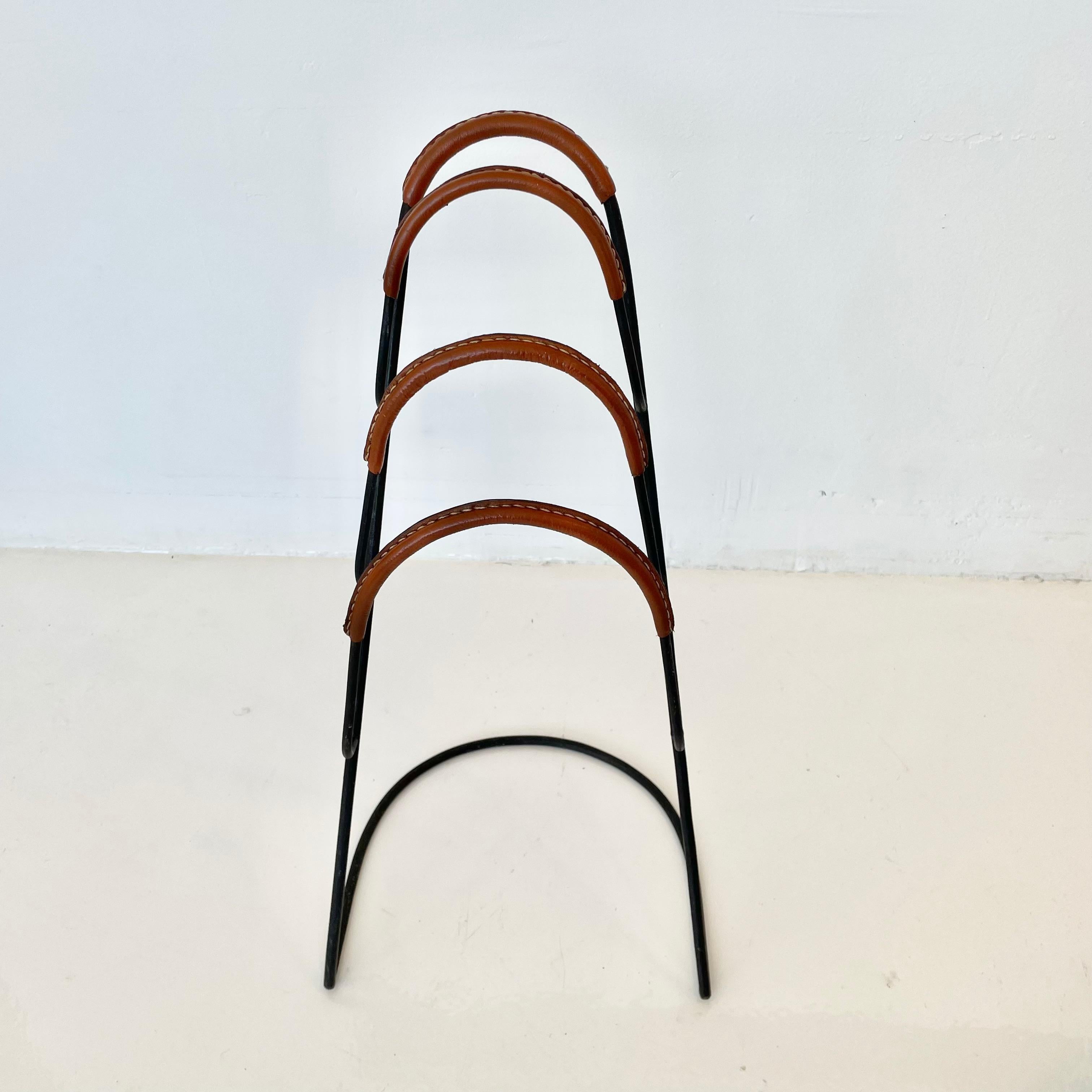 Jacques Adnet Tiered Leather and Iron Magazine Rack For Sale 1