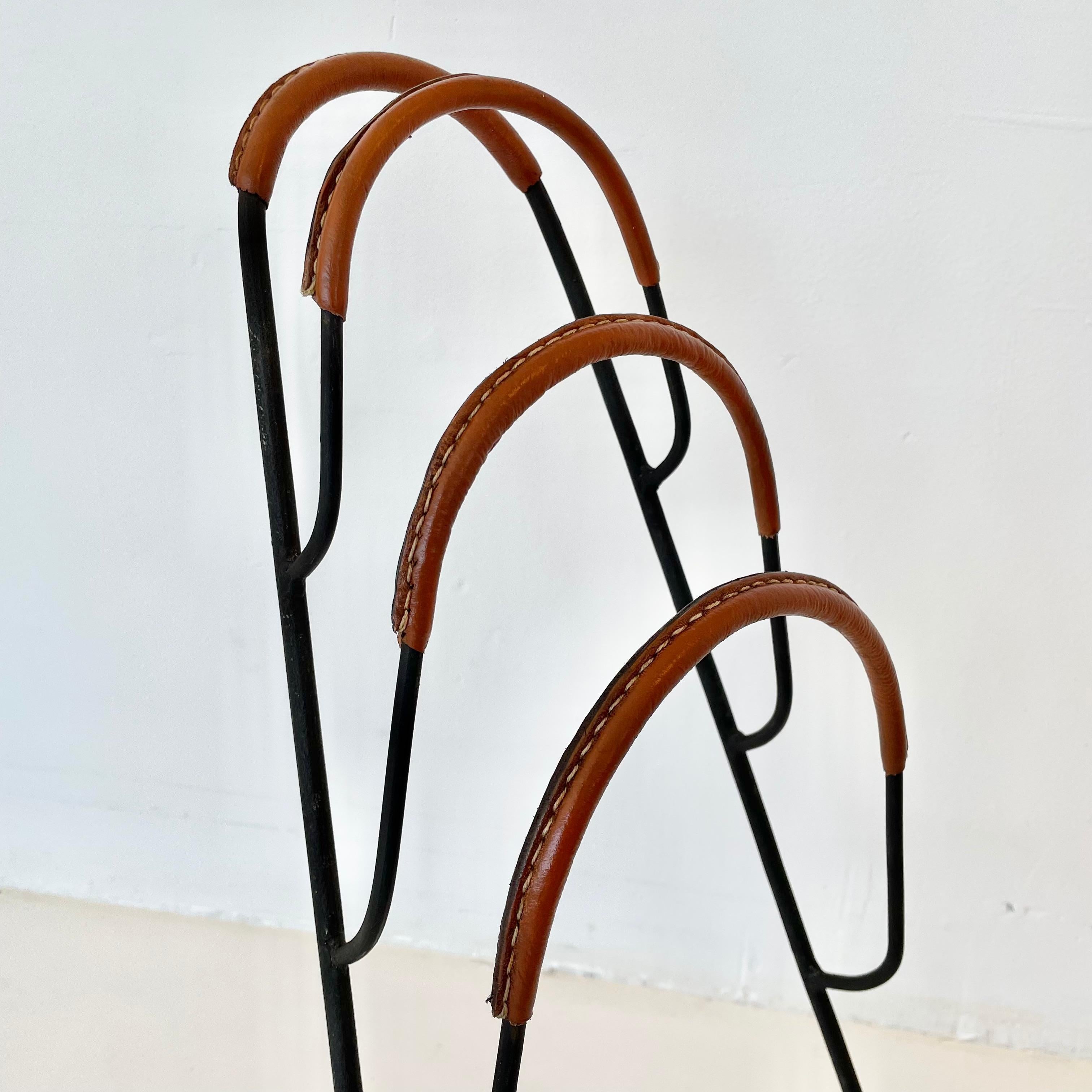 Jacques Adnet Tiered Leather and Iron Magazine Rack For Sale 3