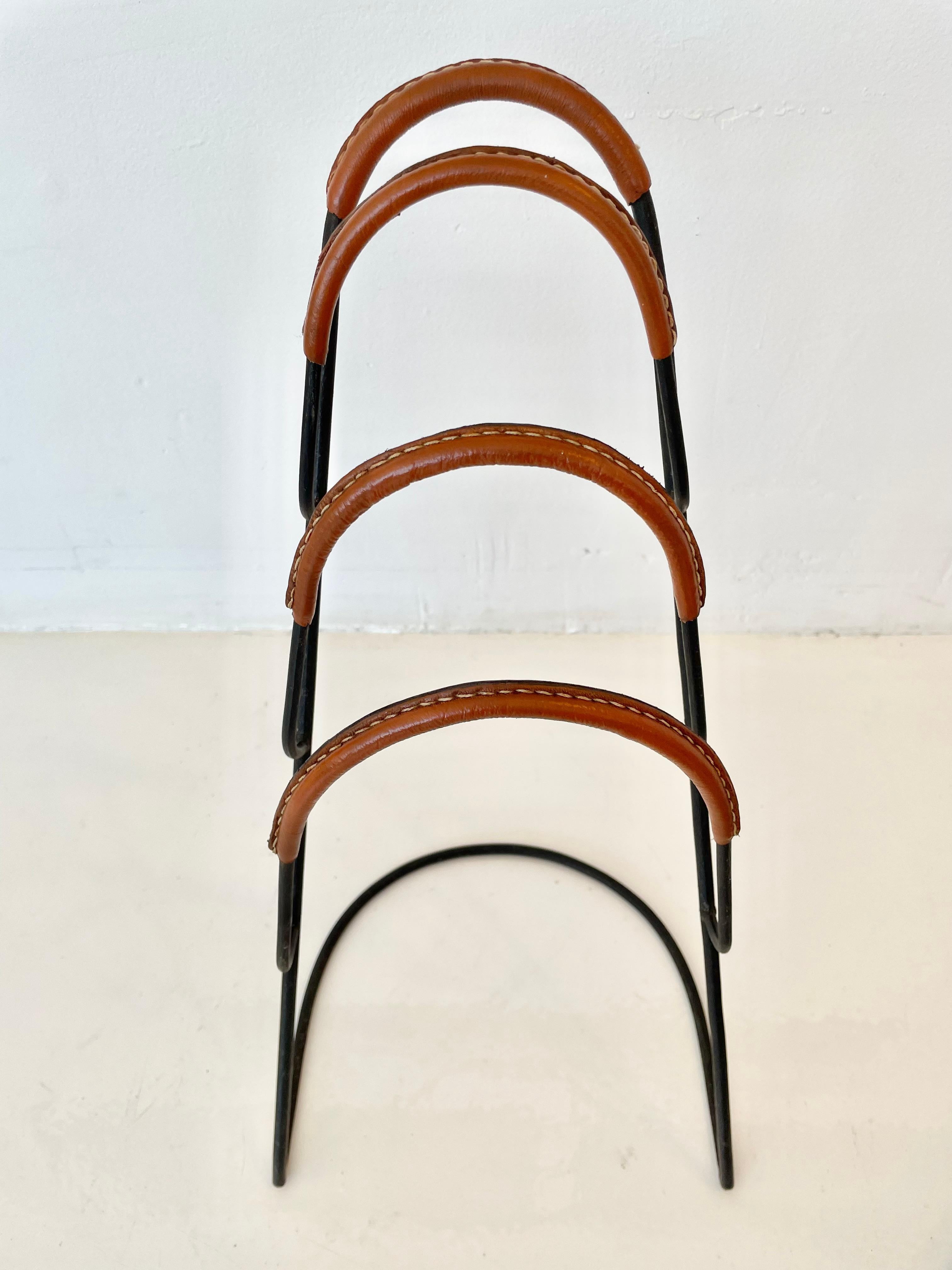 Jacques Adnet Tiered Leather and Iron Magazine Rack For Sale 4