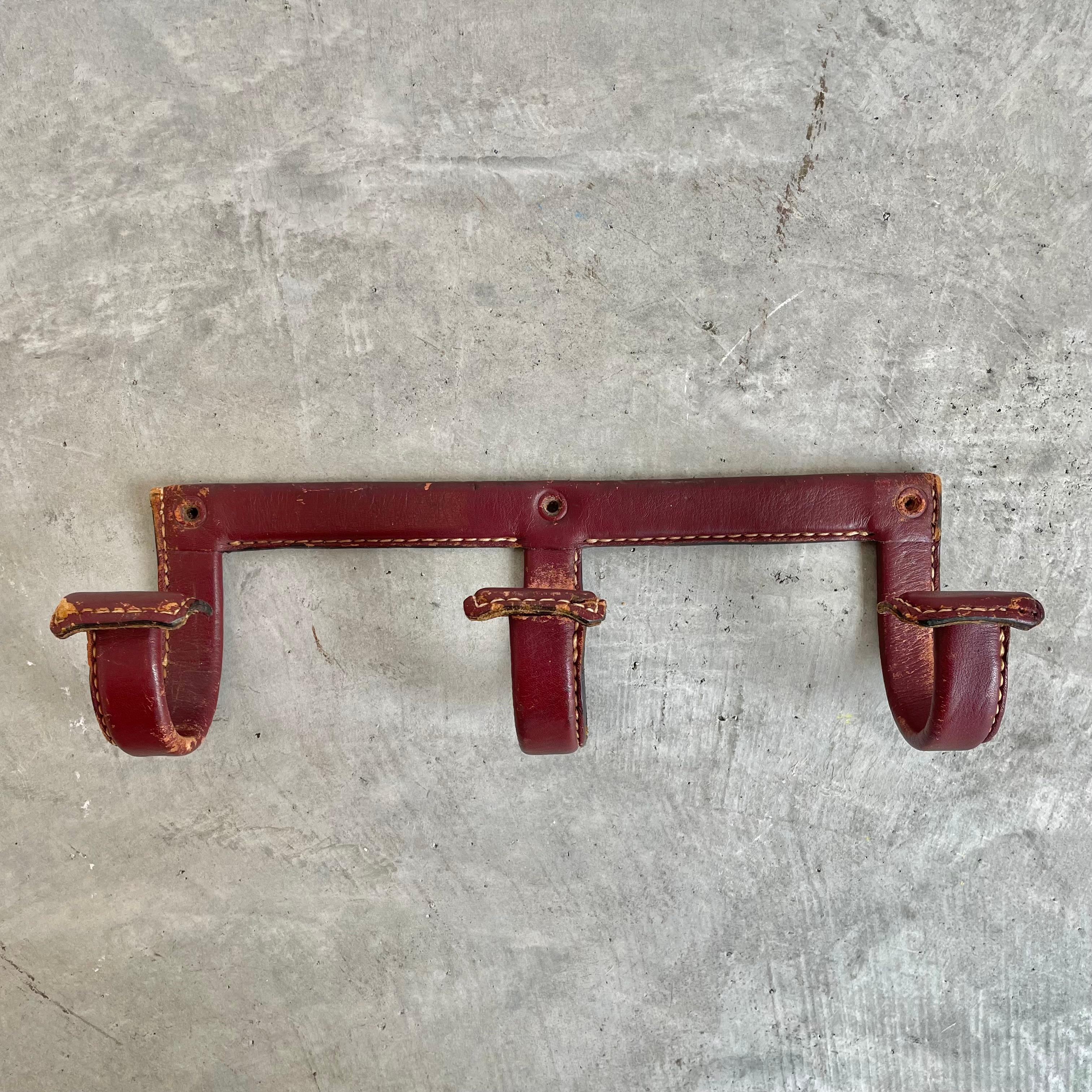 French Jacques Adnet Triple Leather Coat Rack, 1950s France For Sale