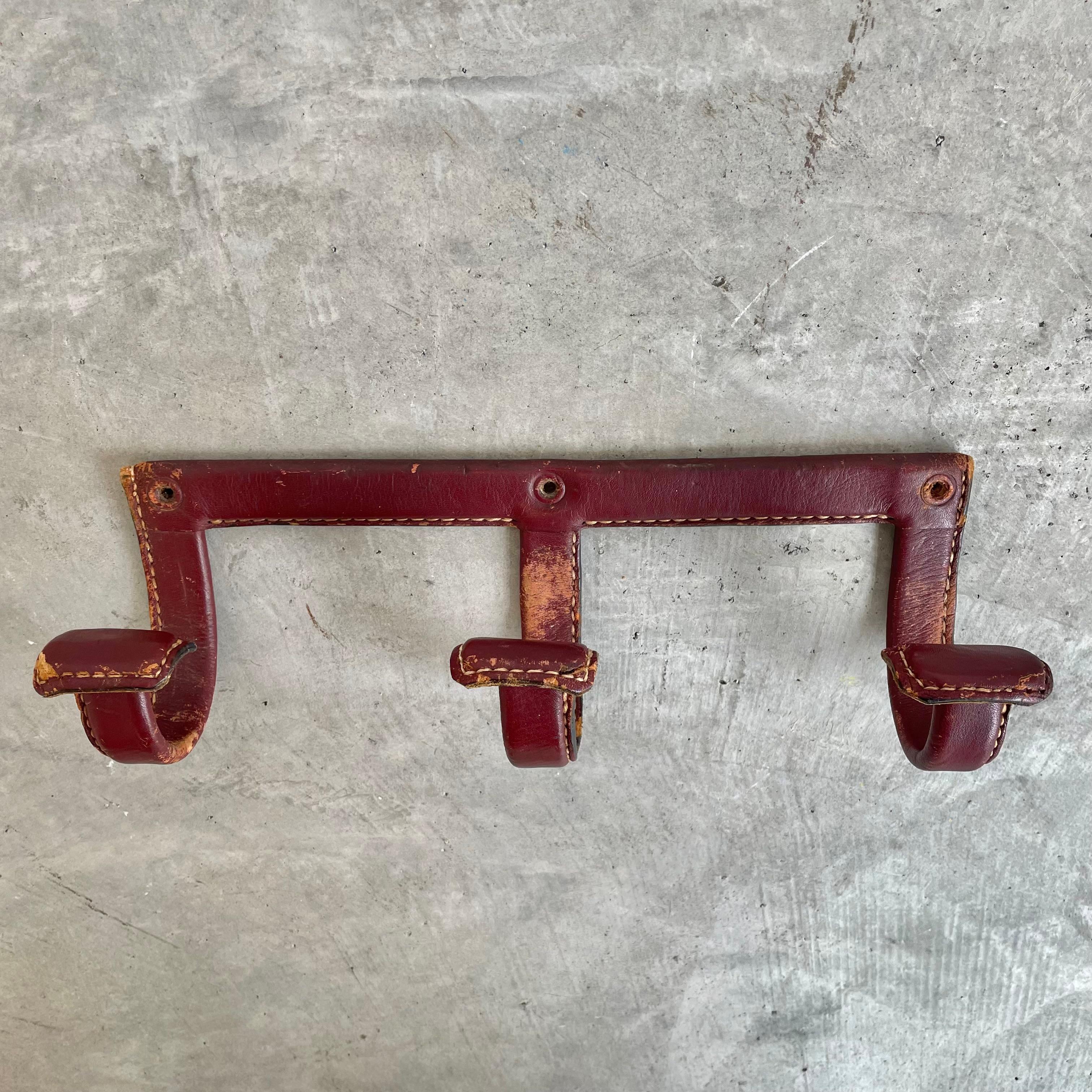 Jacques Adnet Triple Leather Coat Rack, 1950s France In Good Condition For Sale In Los Angeles, CA
