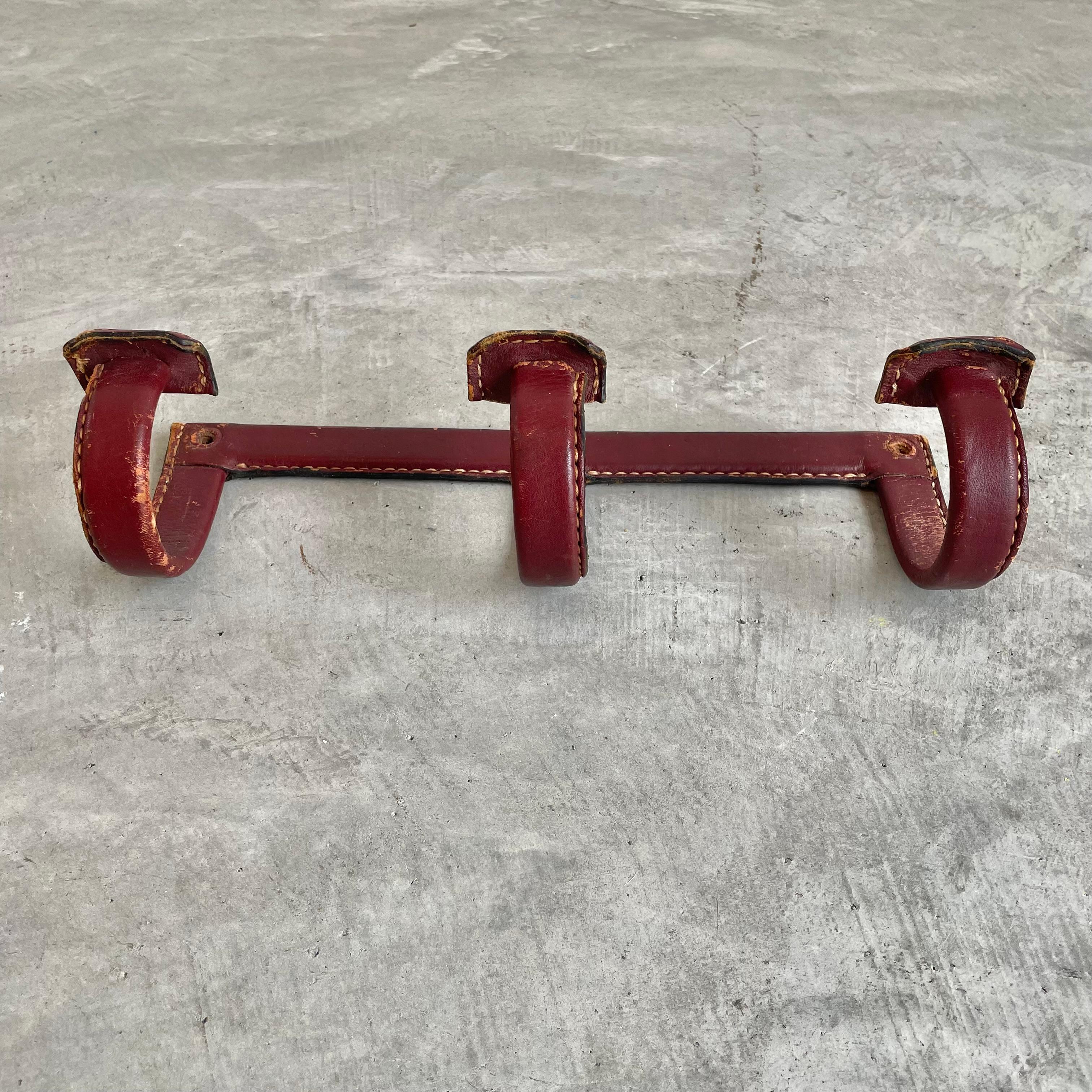 Mid-20th Century Jacques Adnet Triple Leather Coat Rack, 1950s France For Sale