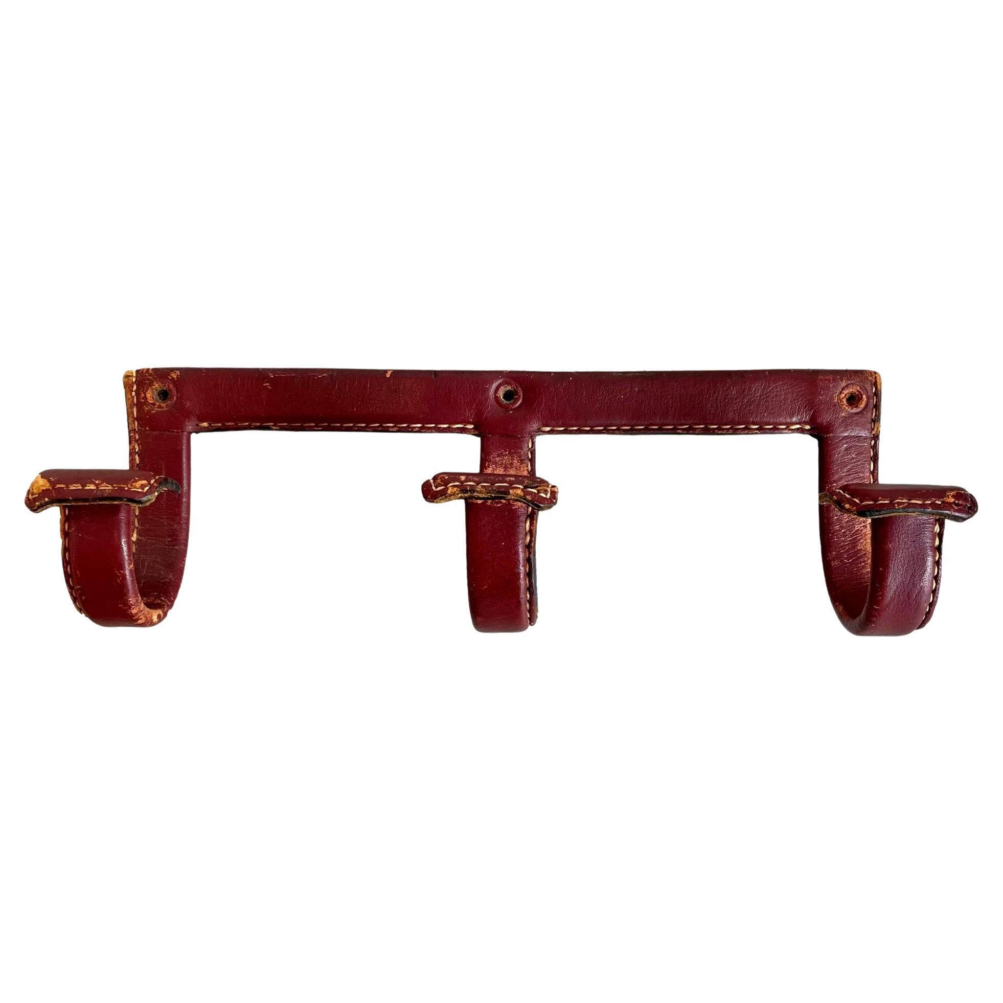 Jacques Adnet Triple Leather Coat Rack, 1950s France For Sale