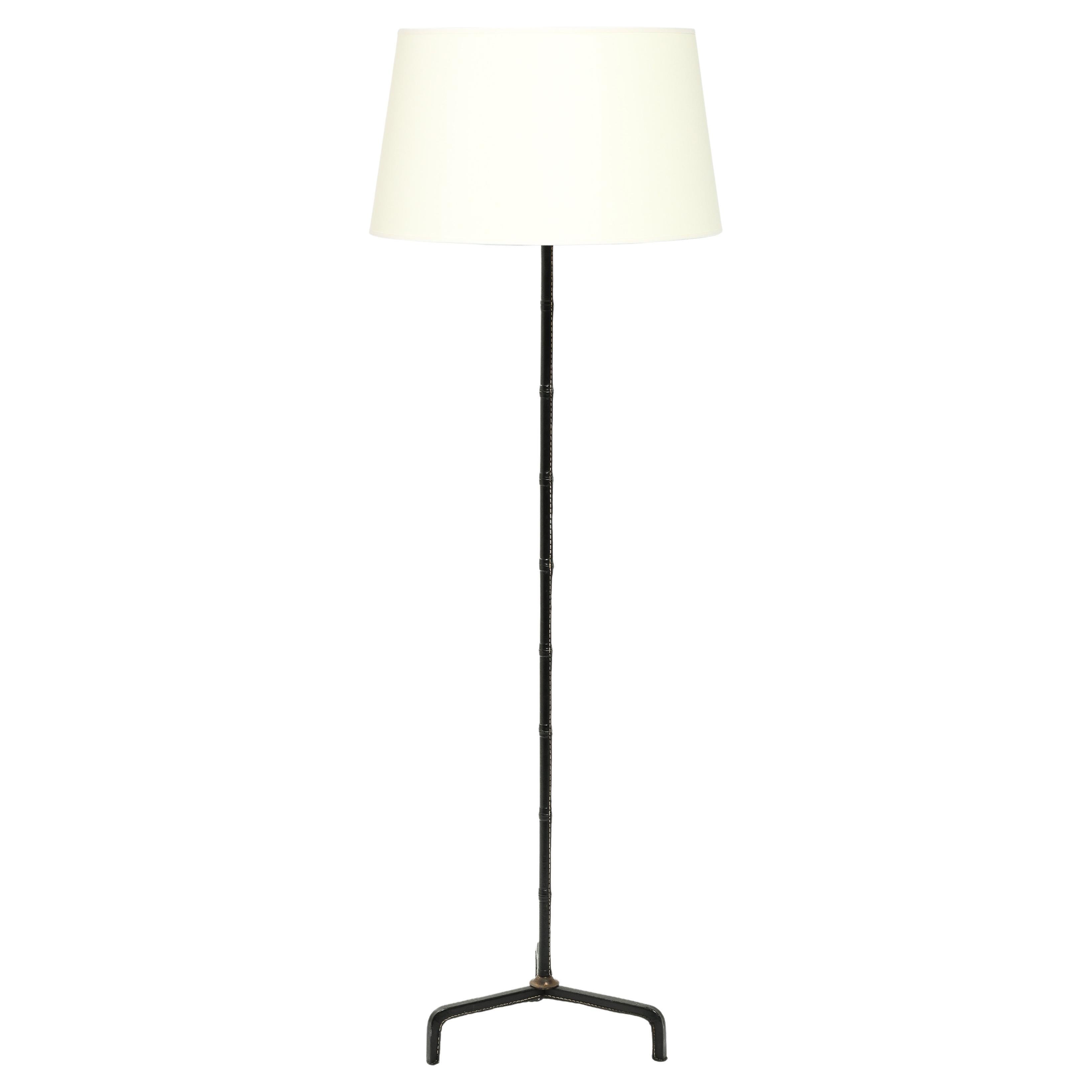 Jacques Adnet Tripod bamboo leather Floor Lamp, France 1950's
