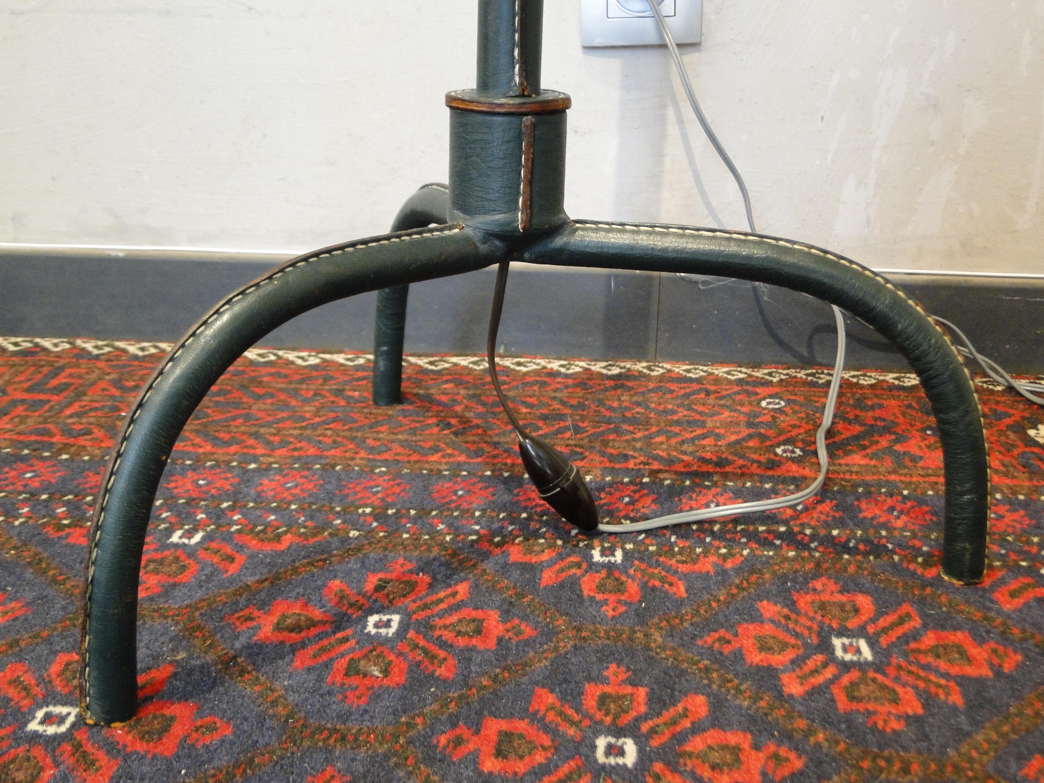 Mid-Century Modern Jacques Adnet Tripod  Green Leather stitched  Floor Lamp France 1950 For Sale
