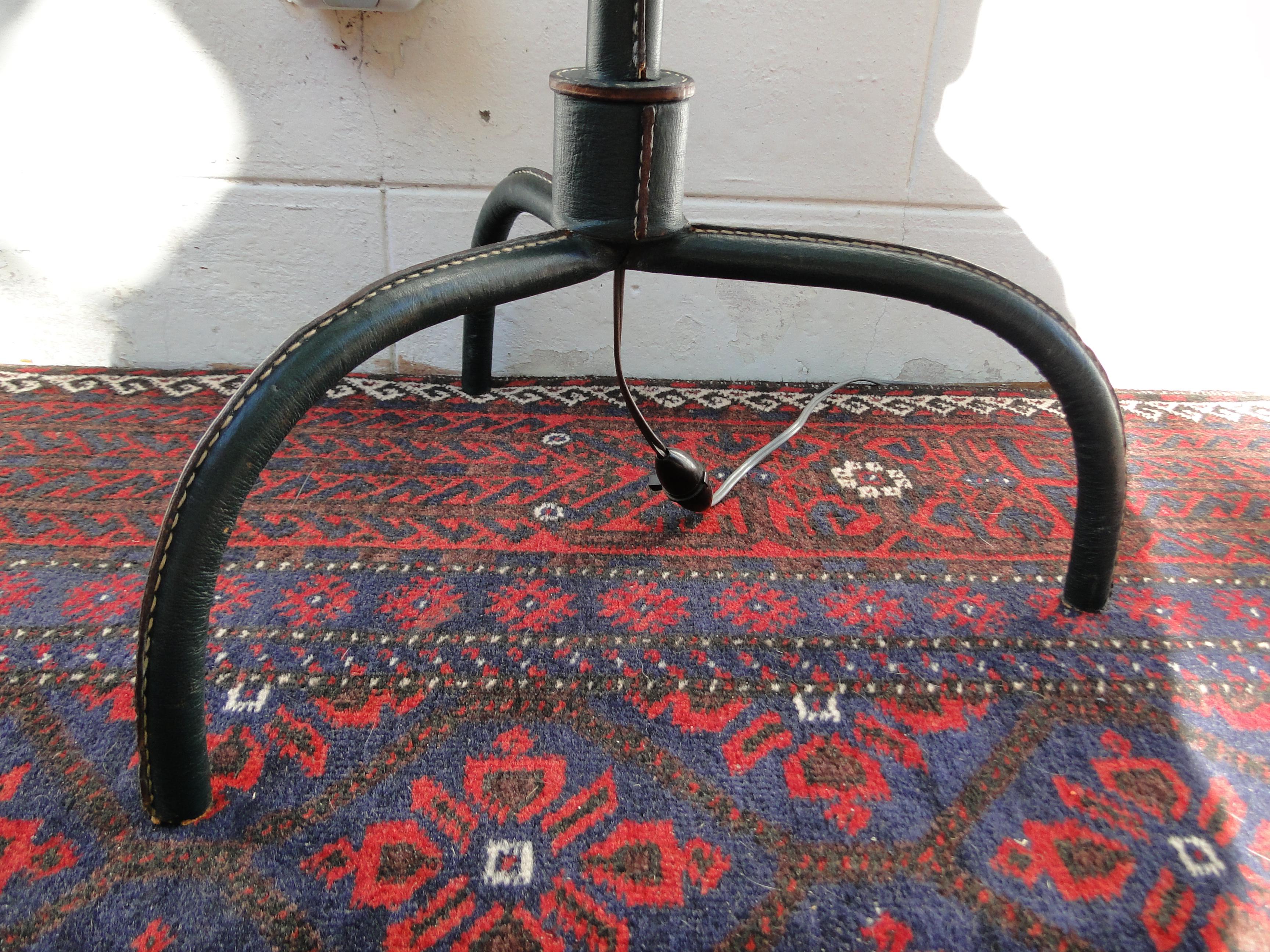French Jacques Adnet Tripod  Green Leather stitched  Floor Lamp France 1950 For Sale