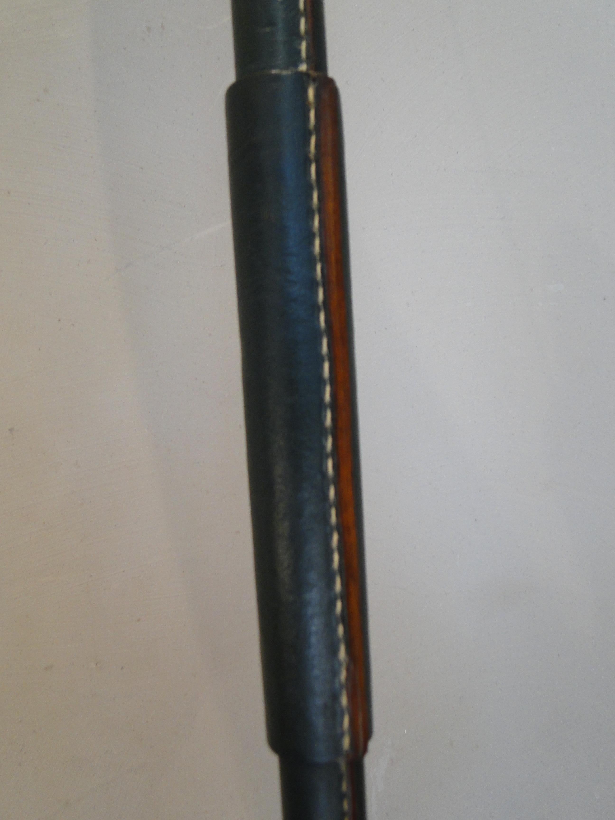 Jacques Adnet Tripod  Green Leather stitched  Floor Lamp France 1950 In Good Condition For Sale In Lège Cap Ferret, FR