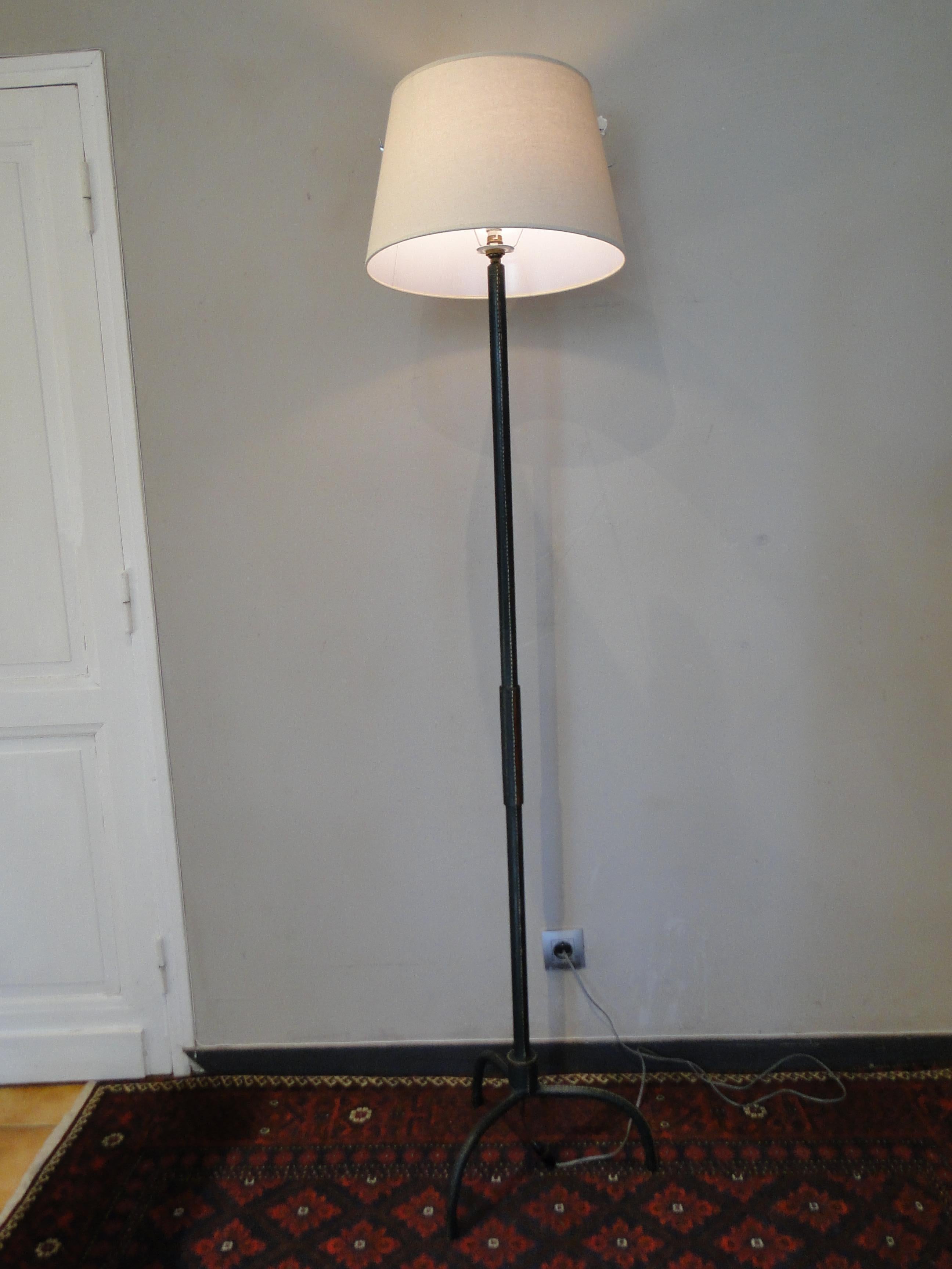 Mid-20th Century Jacques Adnet Tripod  Green Leather stitched  Floor Lamp France 1950 For Sale