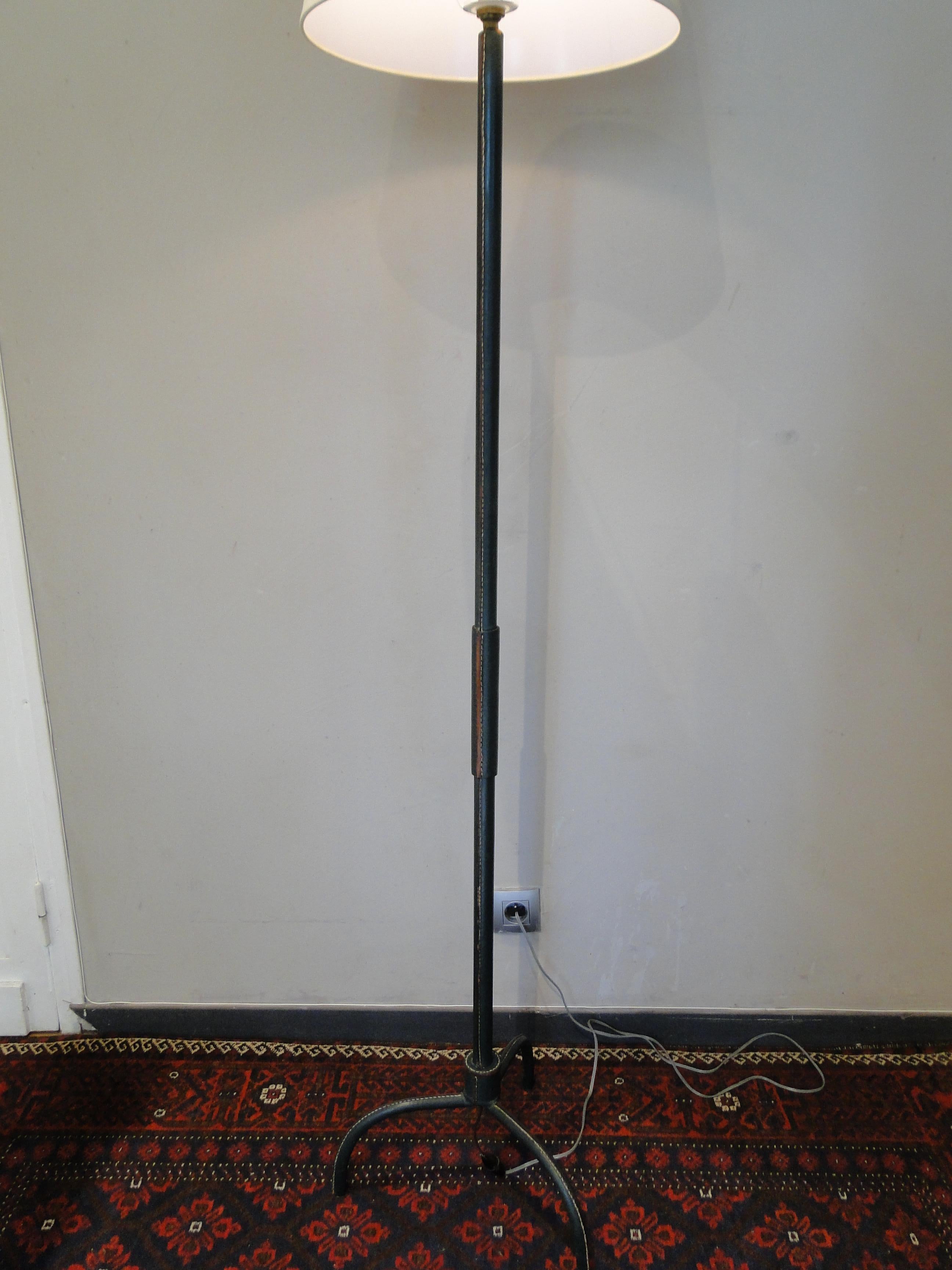 Jacques Adnet Tripod  Green Leather stitched  Floor Lamp France 1950 For Sale 1
