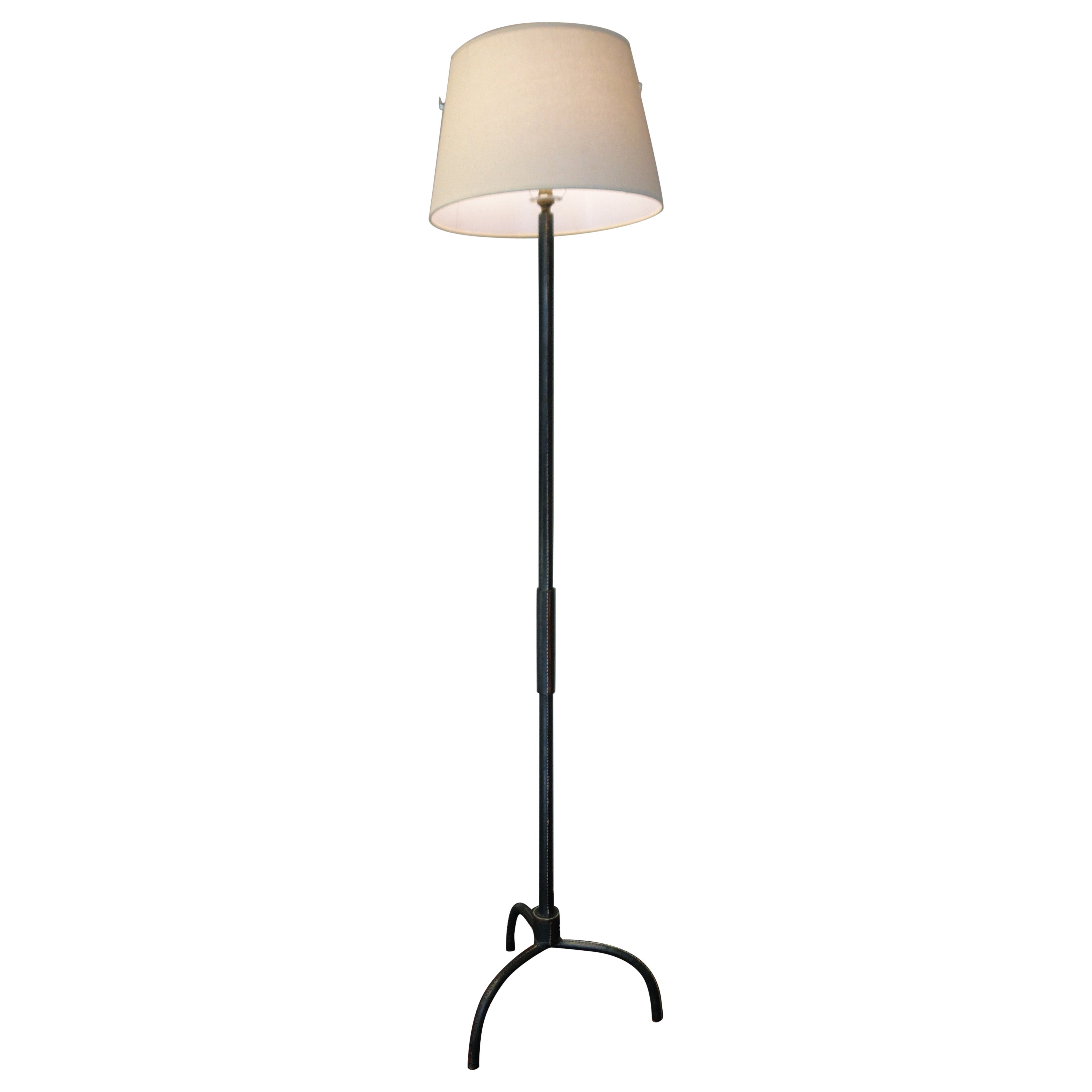 Jacques Adnet Tripod  Green Leather stitched  Floor Lamp France 1950 For Sale