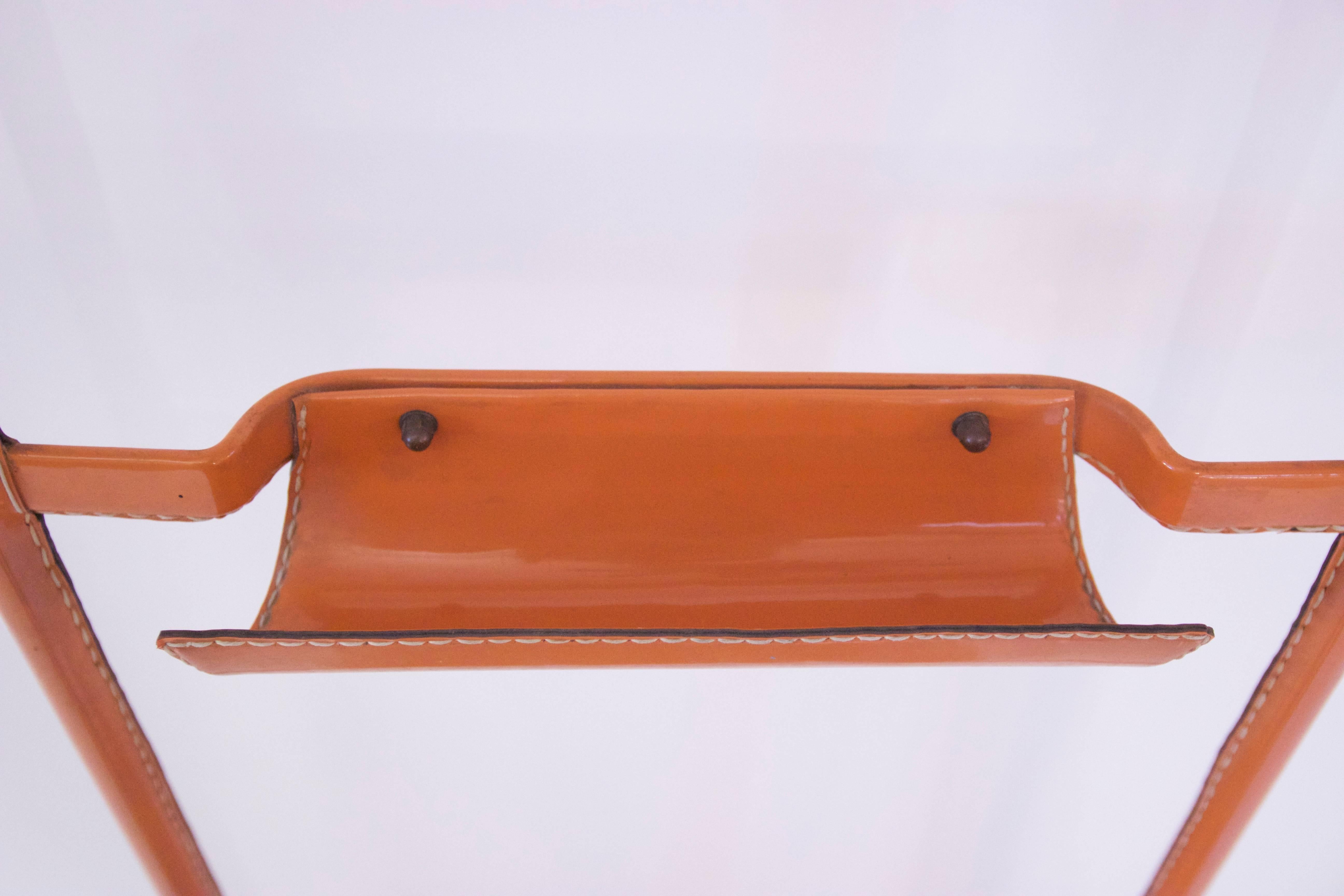 French Jacques Adnet, Valet of Night, Orange Hermès Faux Leather and Iron Structure