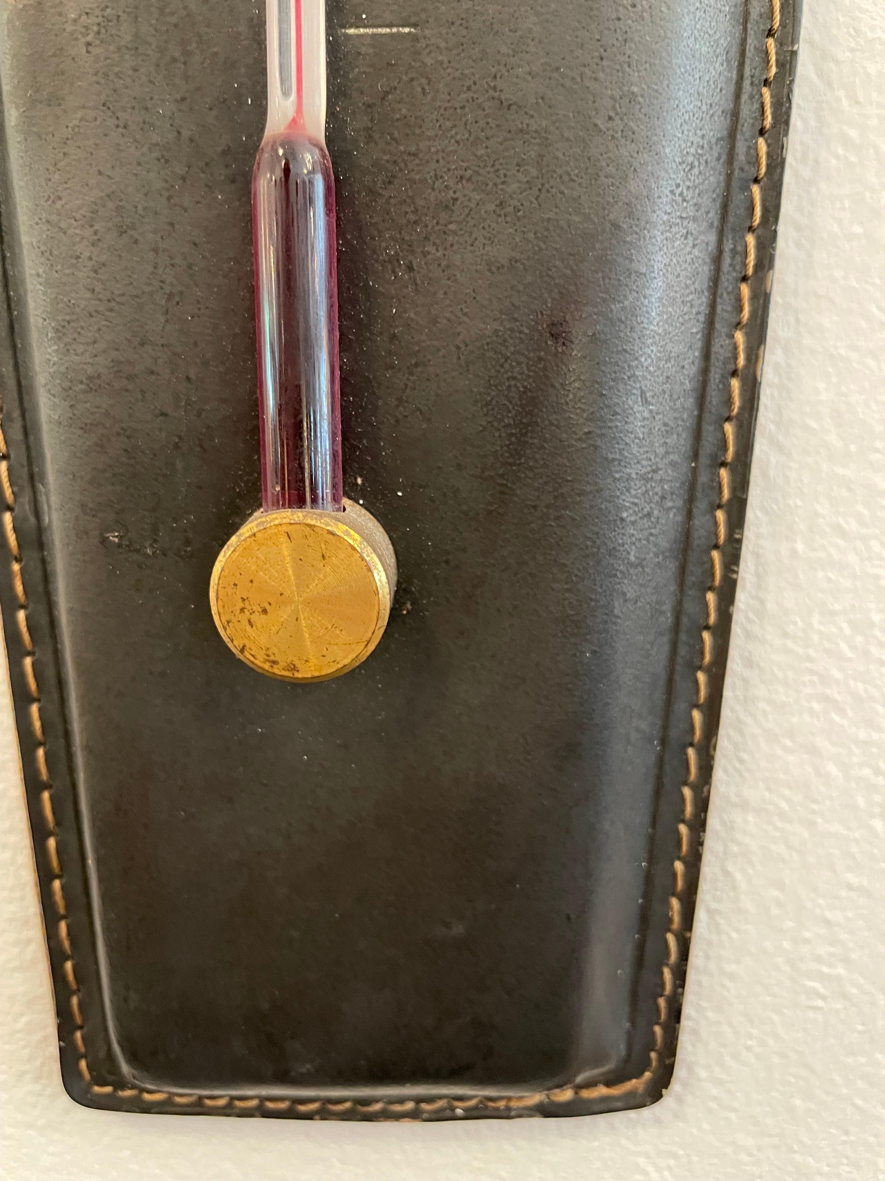 French Jacques Adnet Vintage Stitched Leather Wall Thermometer