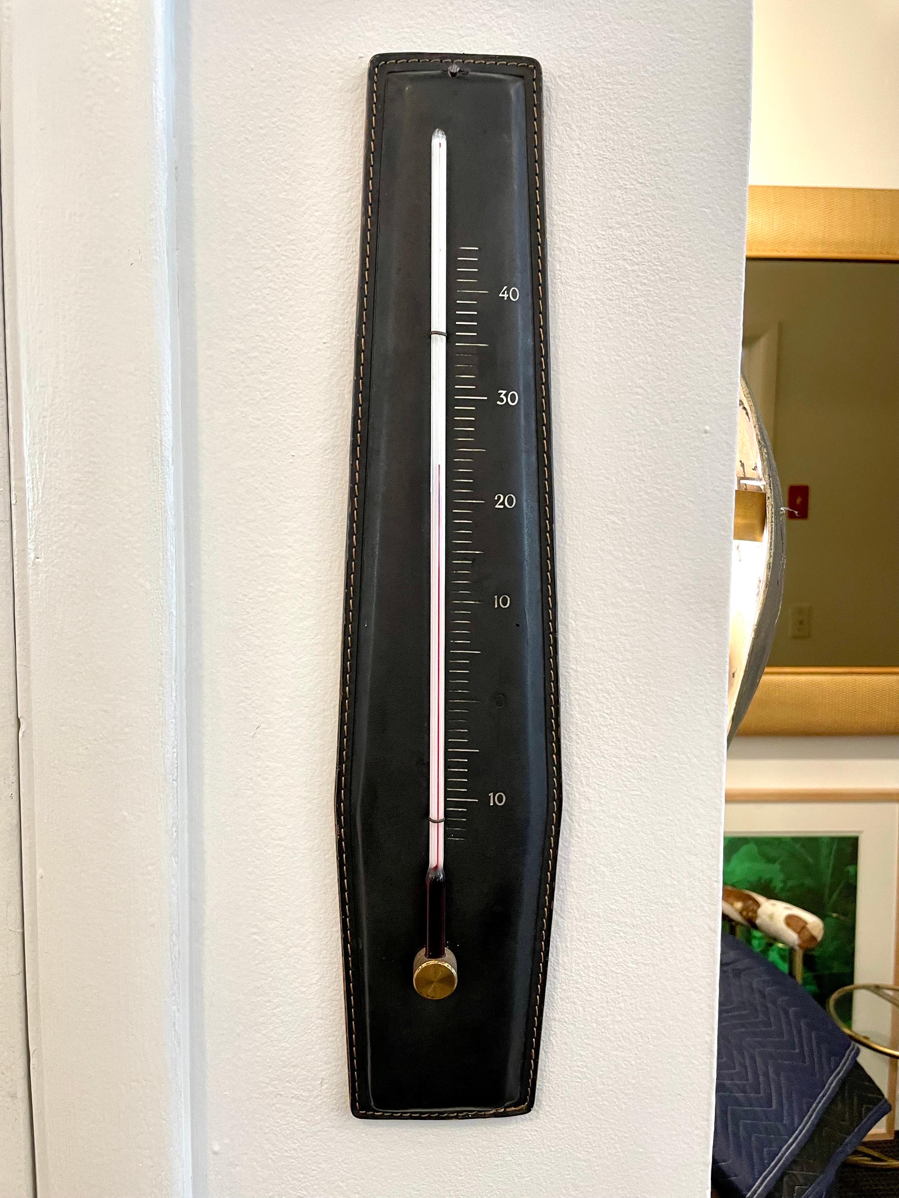 Jacques Adnet Vintage Stitched Leather Wall Thermometer In Good Condition In East Hampton, NY