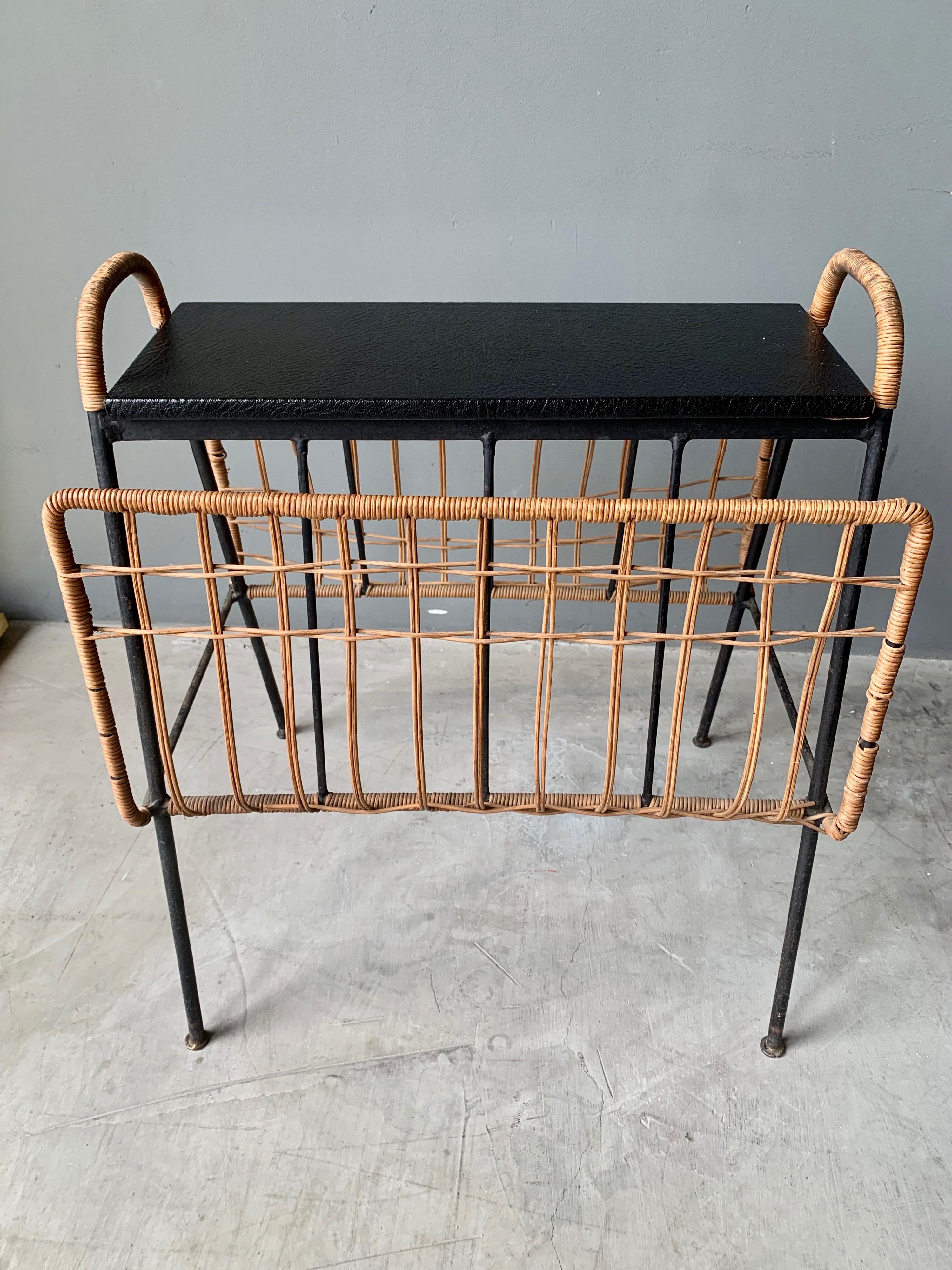 Mid-20th Century Jacques Adnet Wicker and Leather Side Table