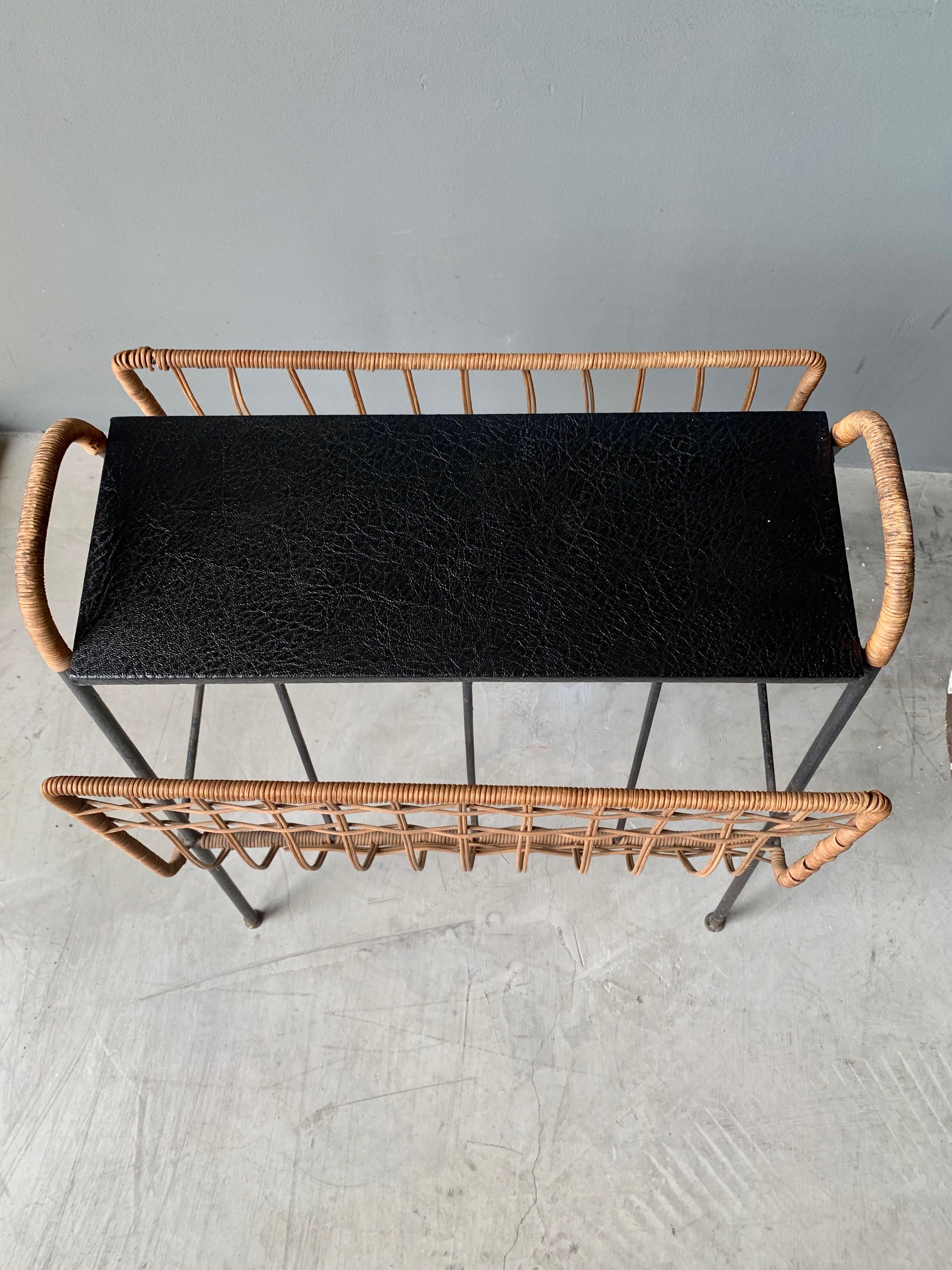 Bronze Jacques Adnet Wicker and Leather Side Table