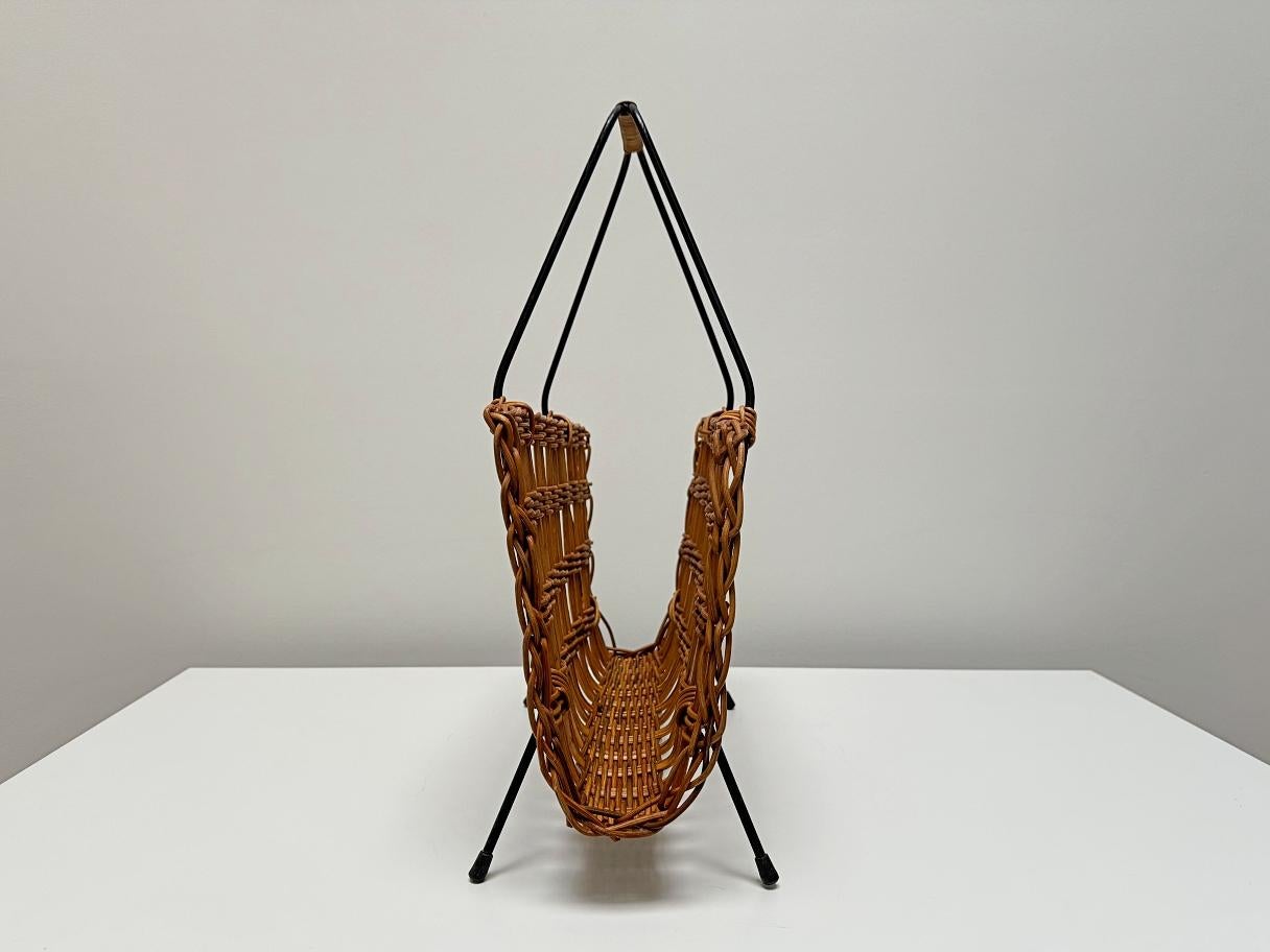 French Jacques Adnet Wicker Magazine Rack, Black Iron Frame, 1950s, France For Sale