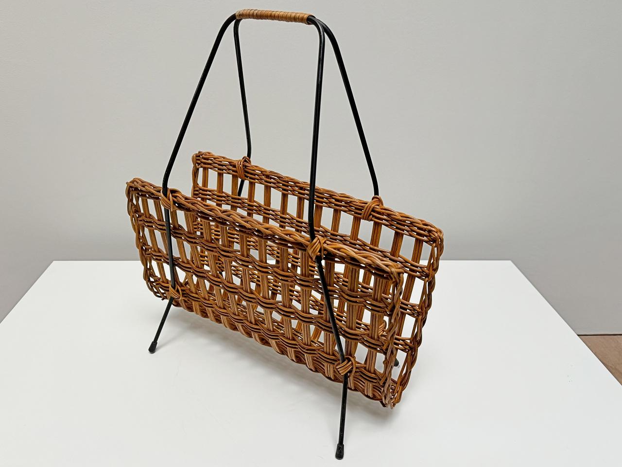 Patinated Jacques Adnet Wicker Magazine Rack, Black Iron Frame, 1950s, France For Sale