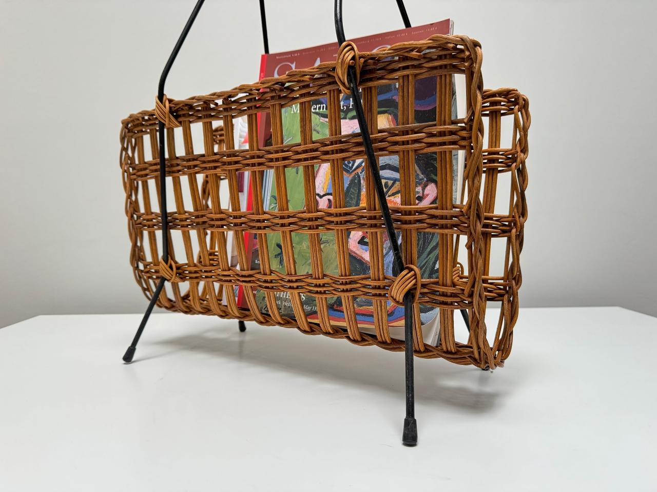 20th Century Jacques Adnet Wicker Magazine Rack, Black Iron Frame, 1950s, France For Sale