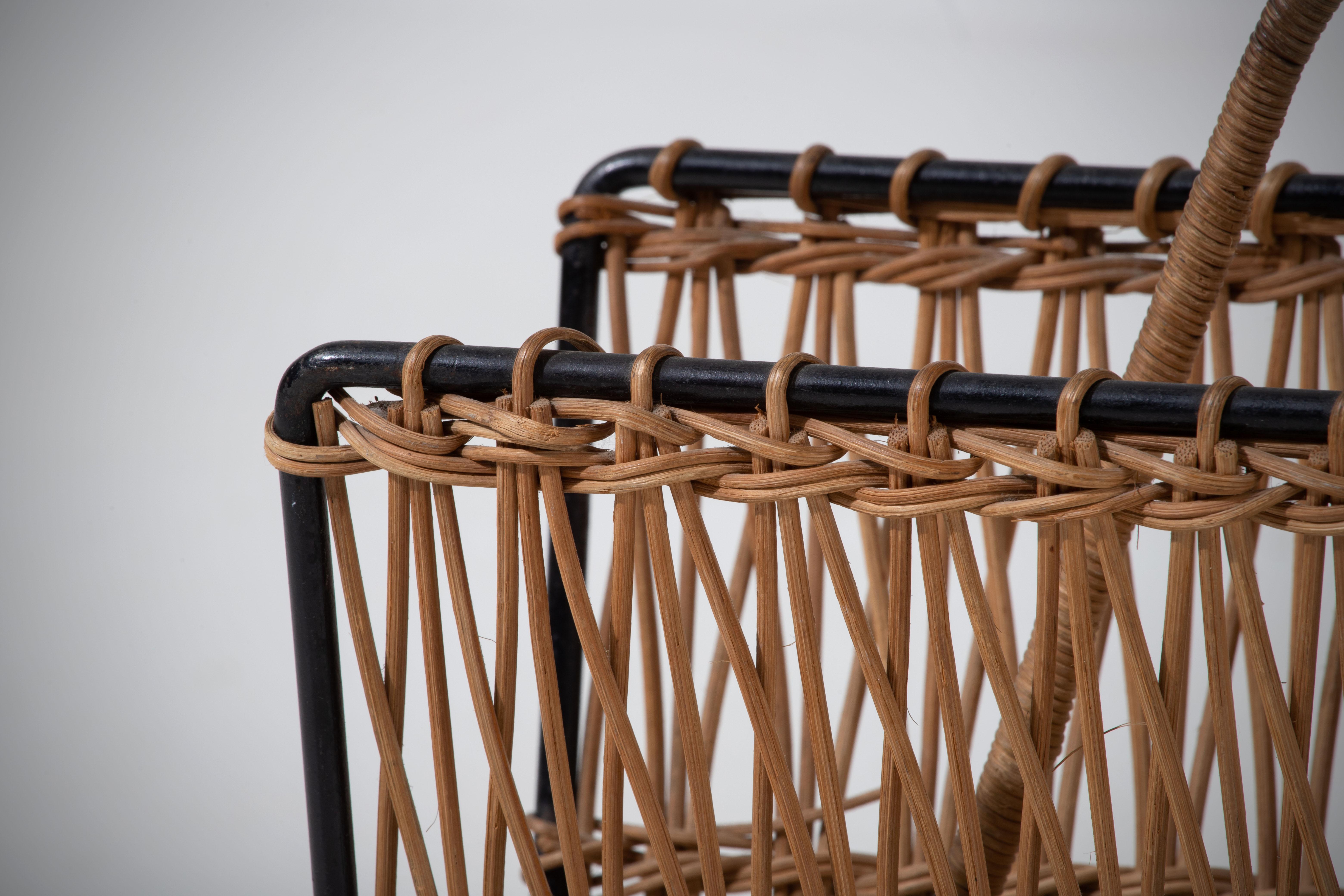 Jacques Adnet Wicker Magazine Rack with Black Iron Frame, Brass Ball Feet, 1950s For Sale 3