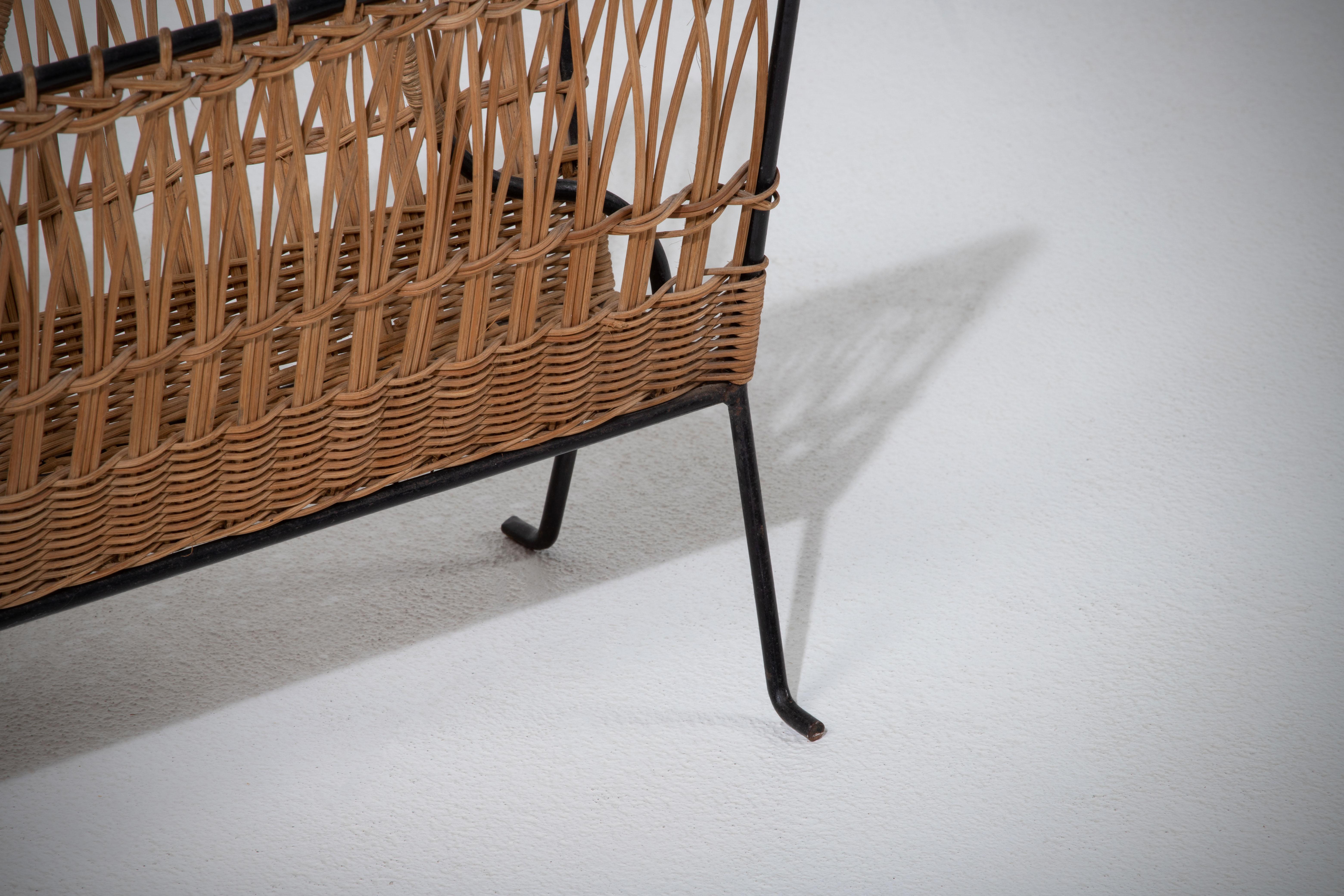 Rattan Jacques Adnet Wicker Magazine Rack with Black Iron Frame, Brass Ball Feet, 1950s For Sale