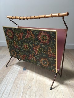 Jacques Adnet Wood and Painted Metal Magazine Rack, Flowers Decor, French 1960s