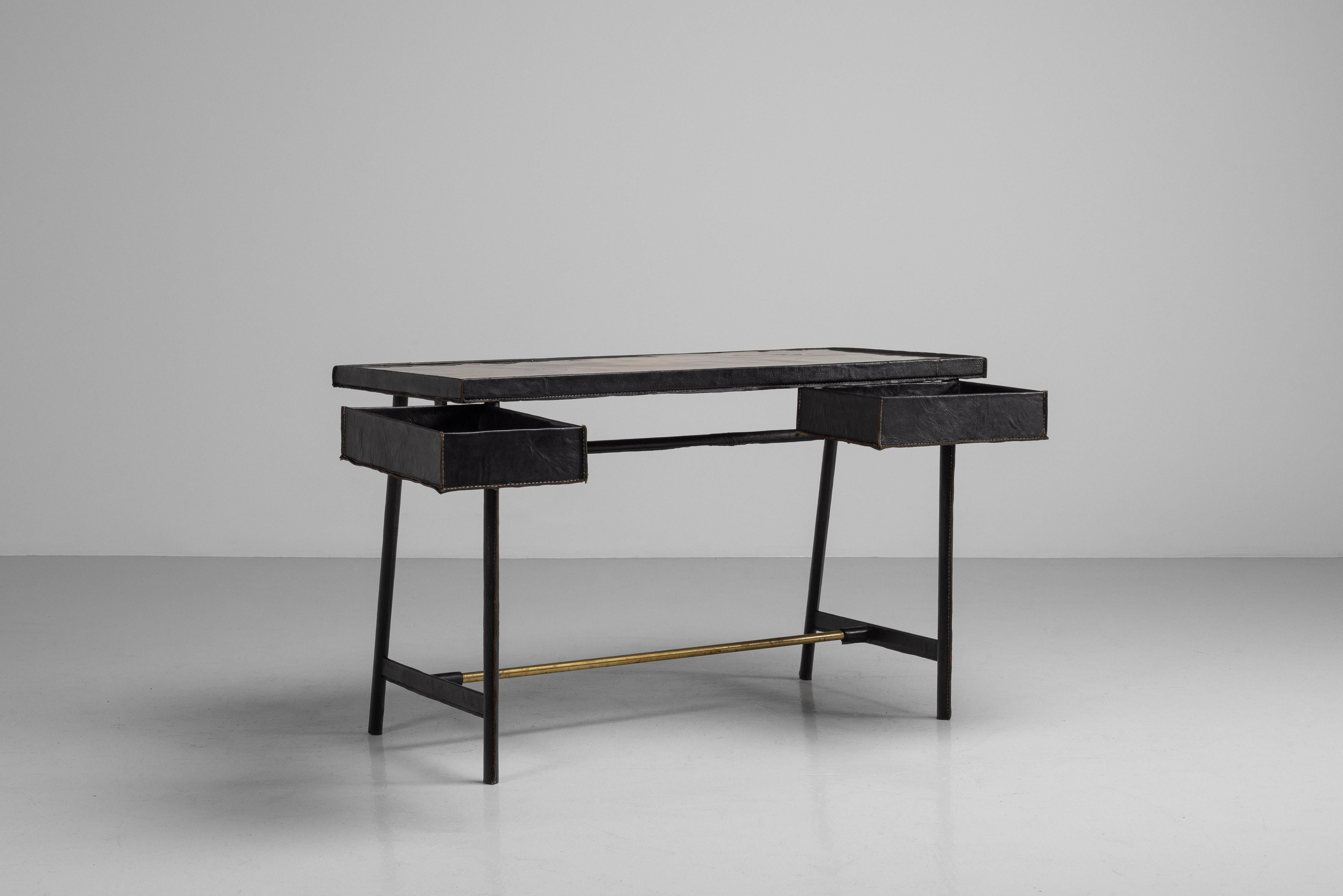 Jacques Adnet writing desk in leather France 1950 For Sale 4