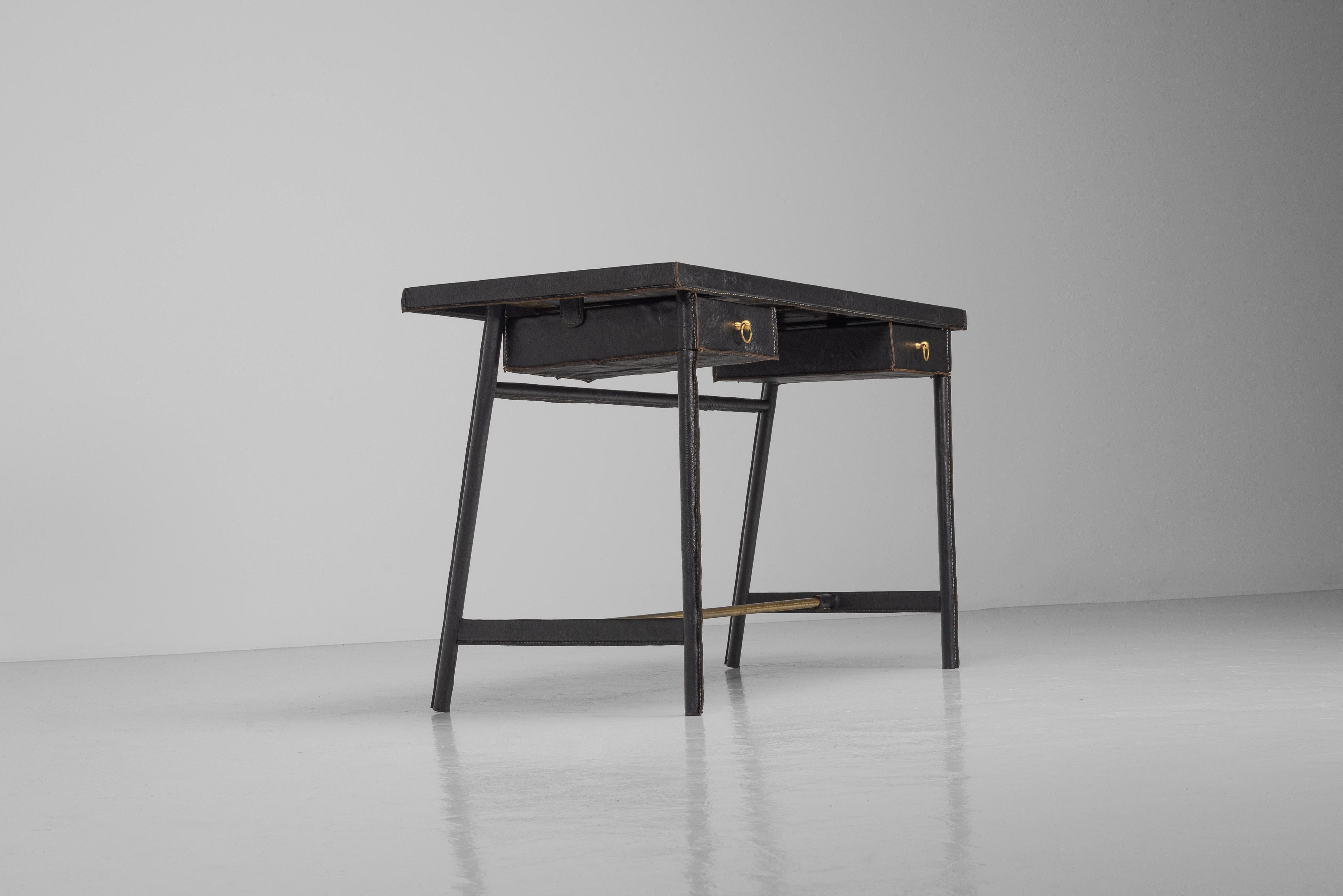 Mid-Century Modern Jacques Adnet writing desk in leather France 1950 For Sale