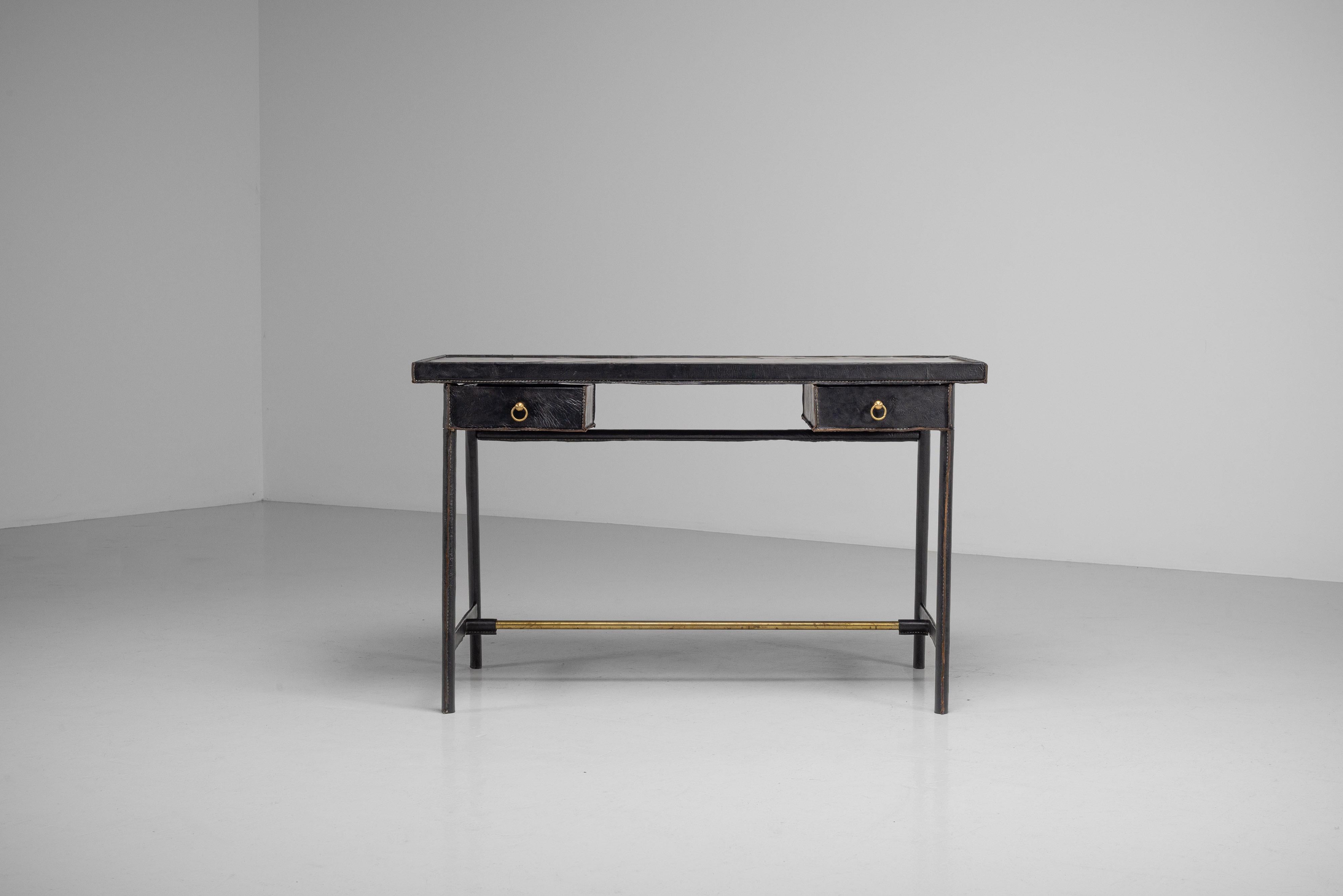 French Jacques Adnet writing desk in leather France 1950 For Sale