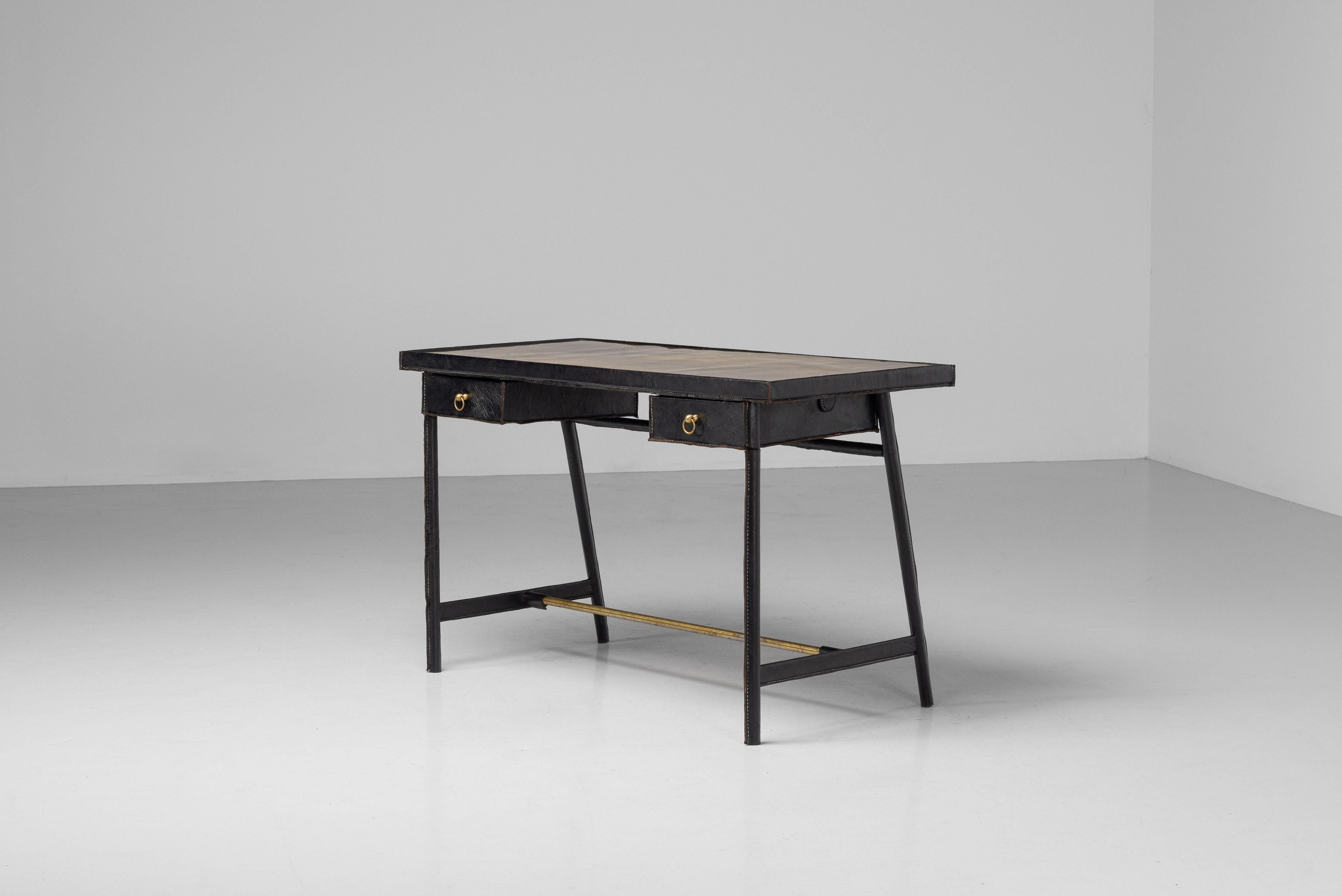Mid-20th Century Jacques Adnet writing desk in leather France 1950 For Sale