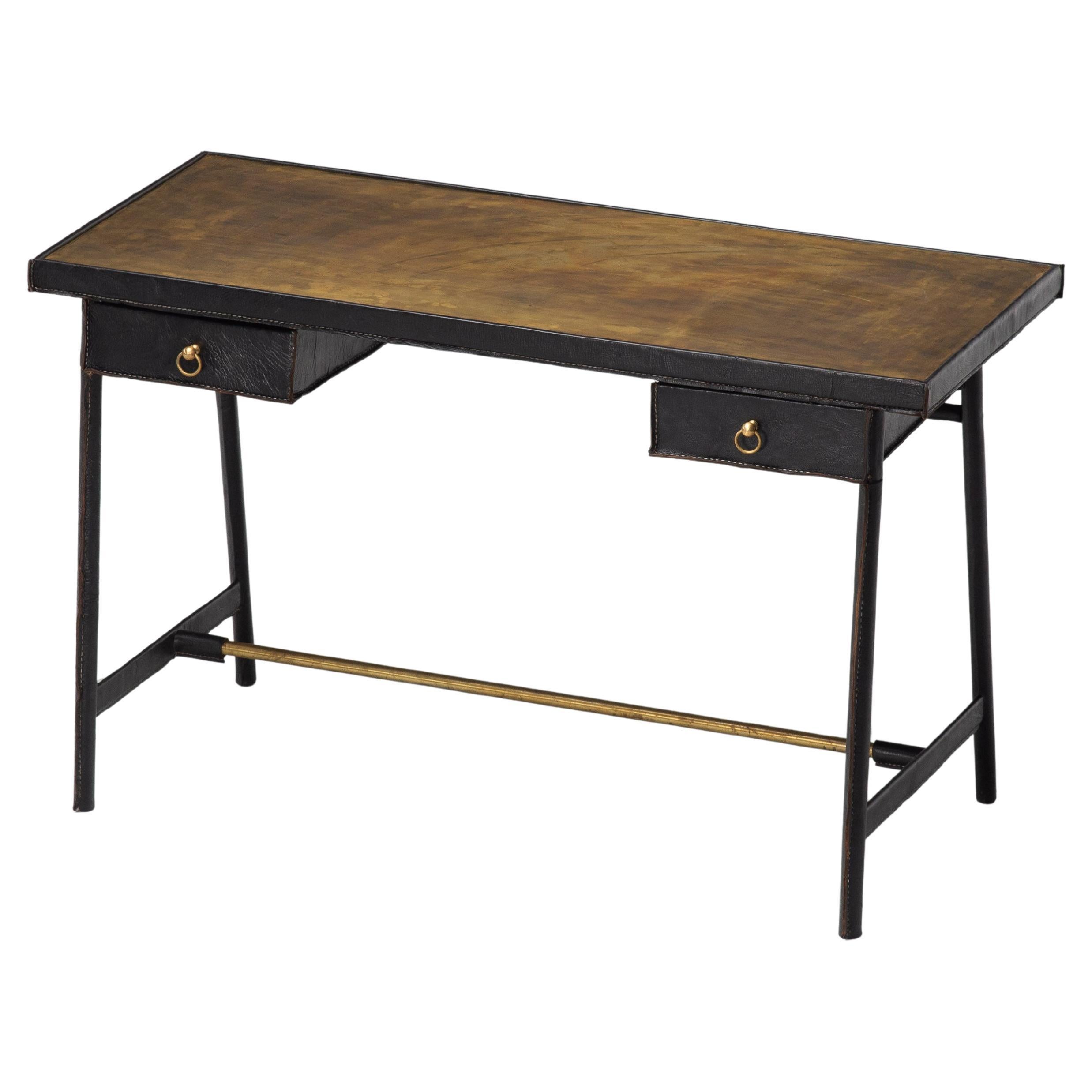 Jacques Adnet writing desk in leather France 1950 For Sale