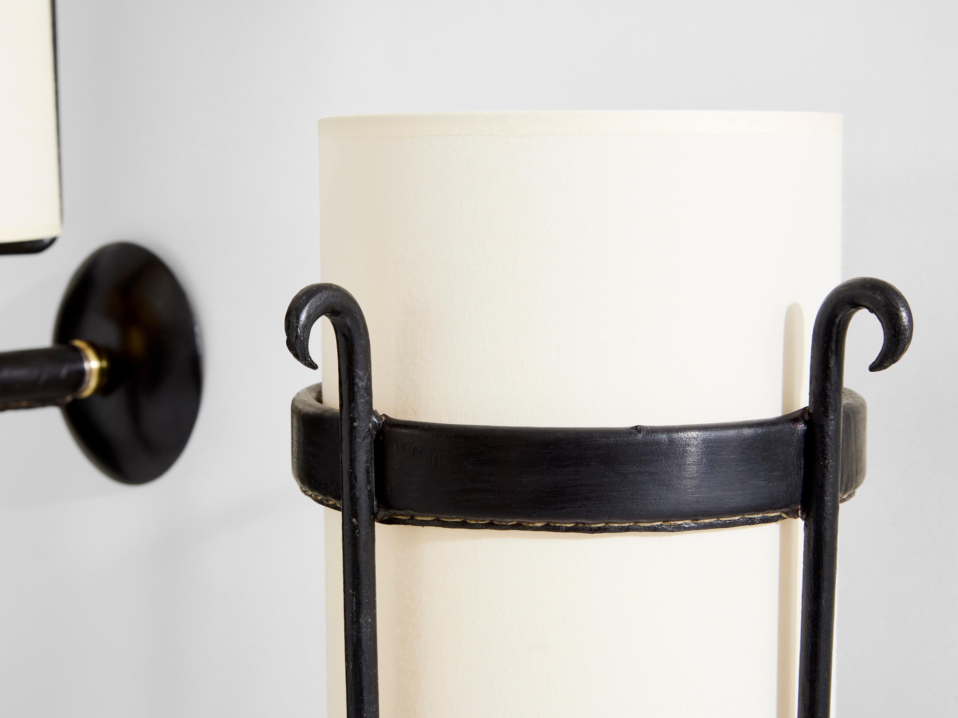 Jacques Adnet wrought iron leather and brass wall lights 1950 3