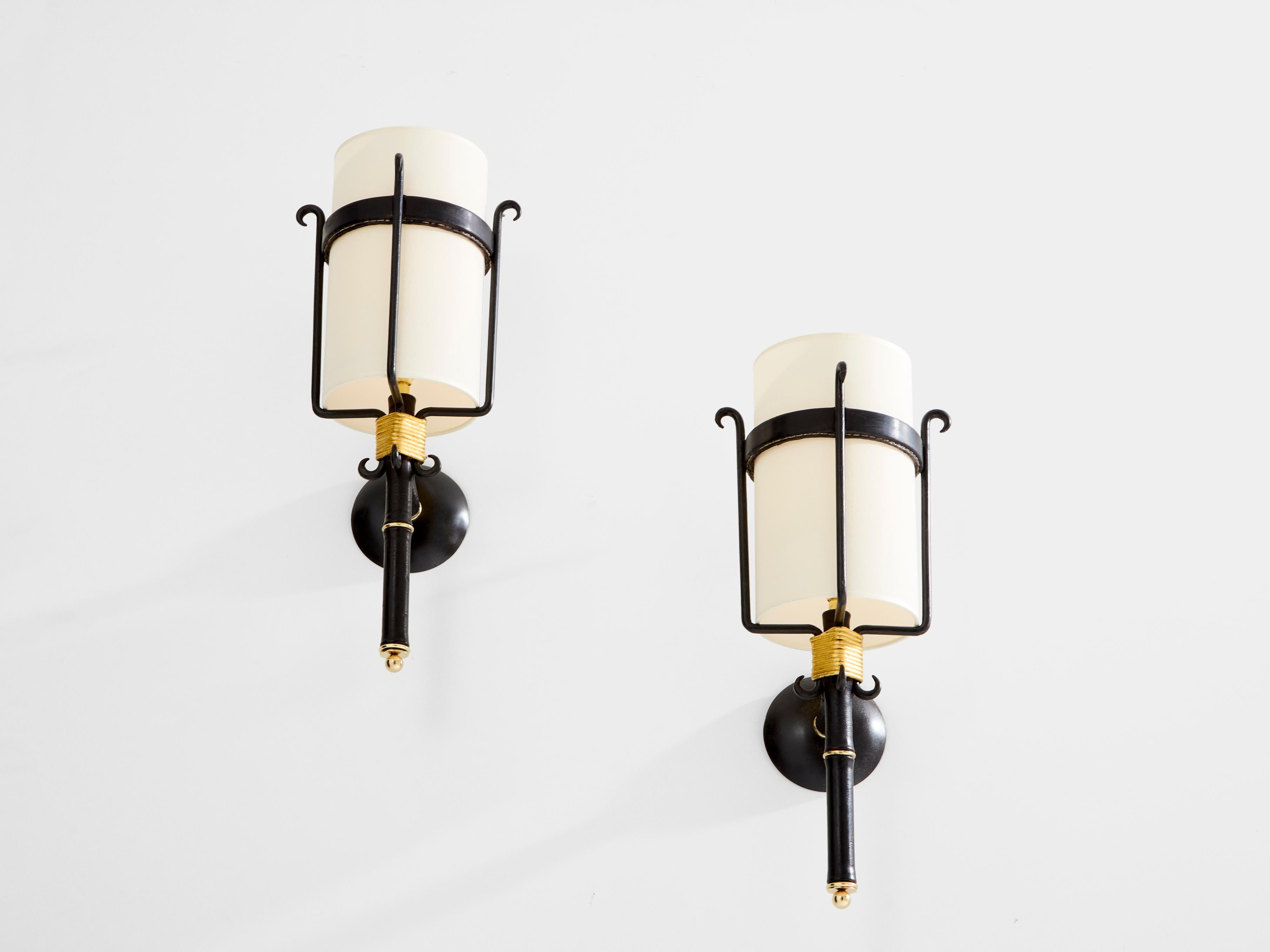 French Jacques Adnet wrought iron leather and brass wall lights 1950