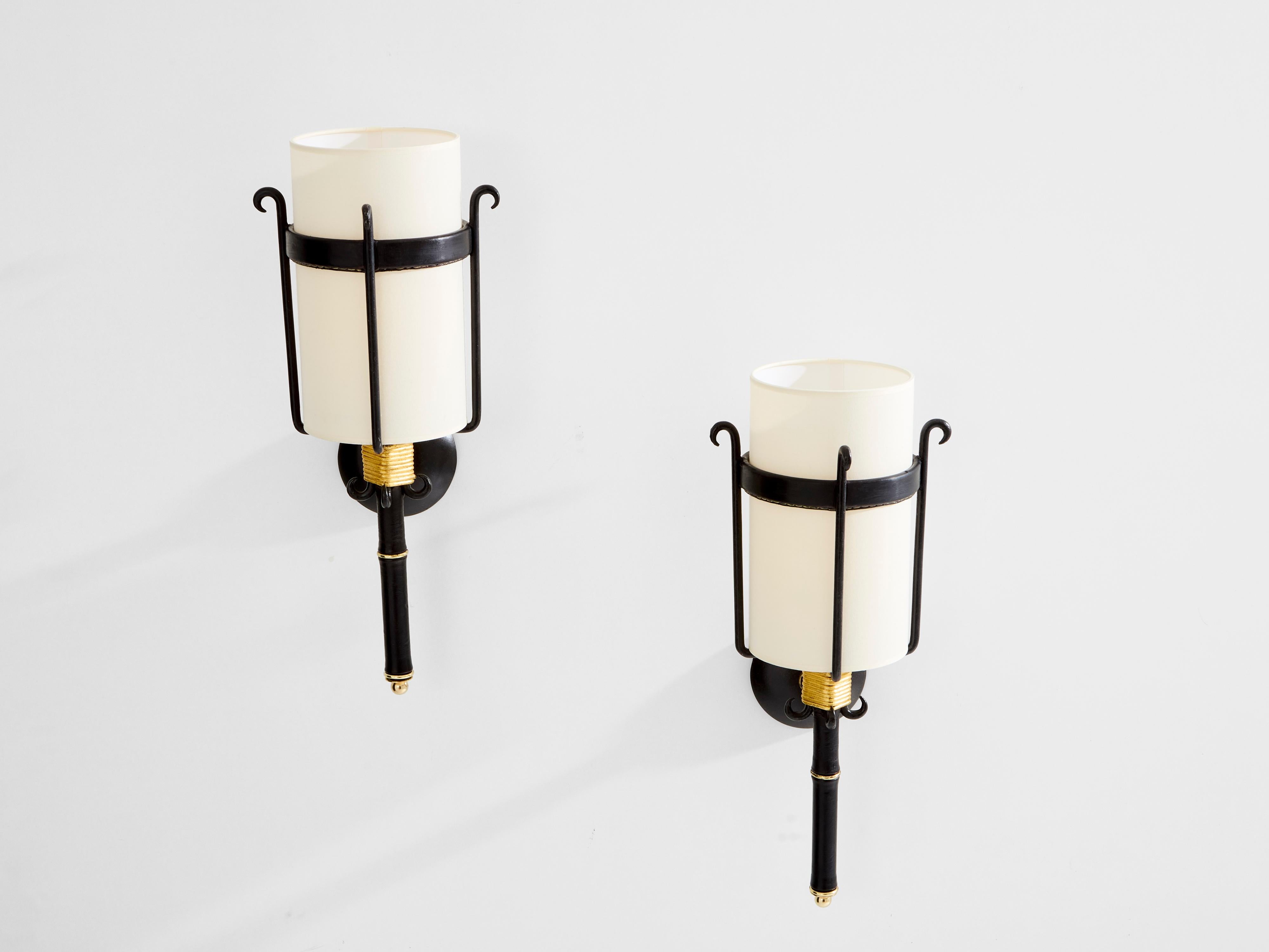 Jacques Adnet wrought iron leather and brass wall lights 1950 In Good Condition In Paris, IDF