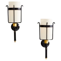 Jacques Adnet wrought iron leather and brass wall lights 1950