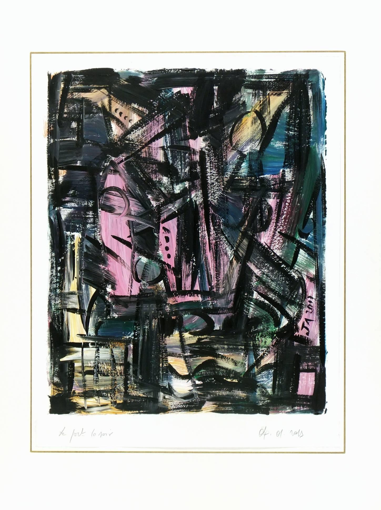 Abstrait acrylique accrocheur utilisant des tons pastel de rose et d'orange pour accentuer les nuances profondes de bleu et de noir par l'artiste français Jacques Alary, 2012. Signé et daté dans la peinture et titré en bas à gauche. Intitulé traduit