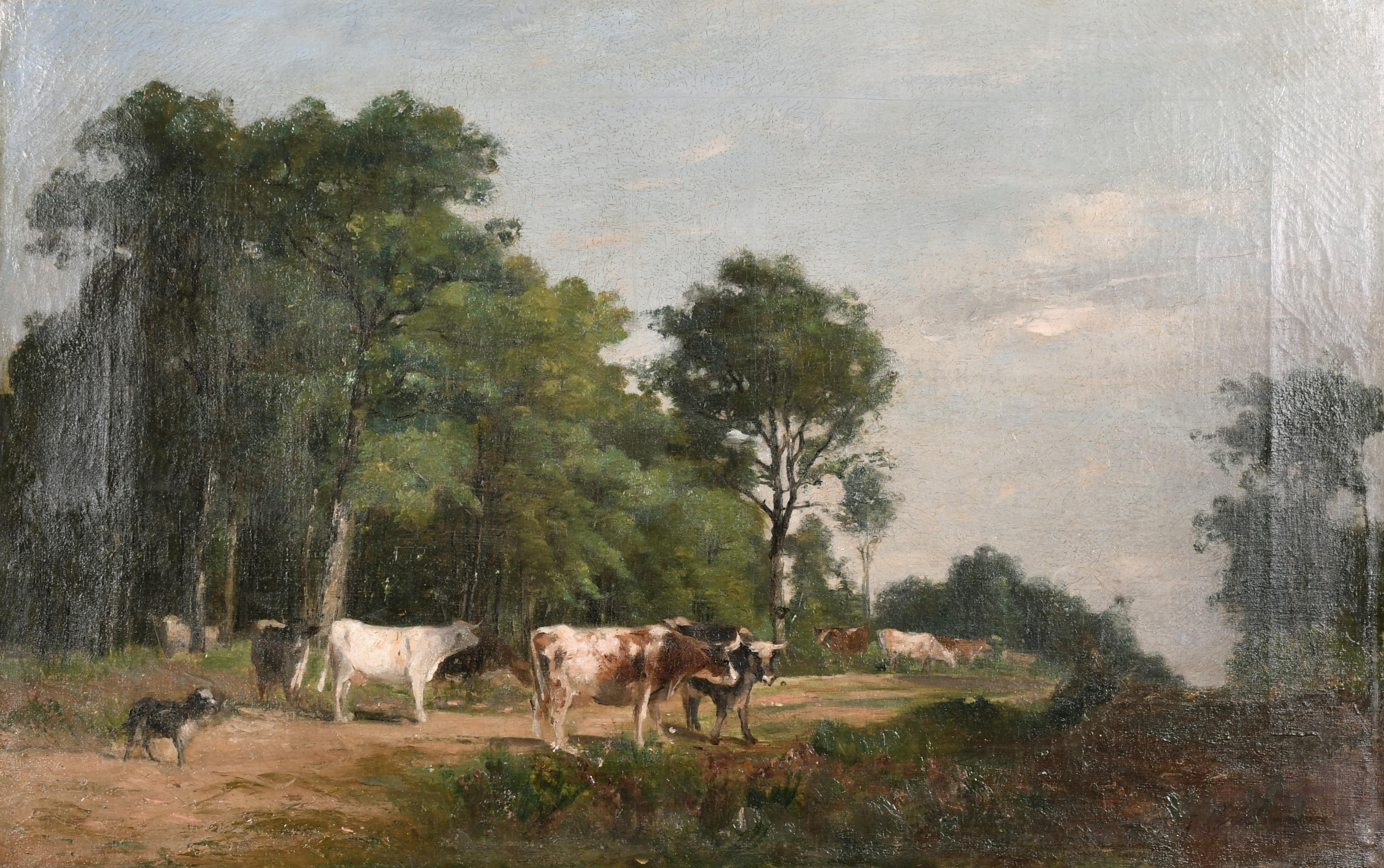 Landscape Painting Jacques Alfred Brielman (1836-1892) - Peinture à l'huile française du 19ème siècle signée de Barbizon représentant du bétail et un chien dans une colline rurale