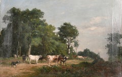 19th Century French Barbizon Signed Oil Painting Cattle & Dog in Rural Lane